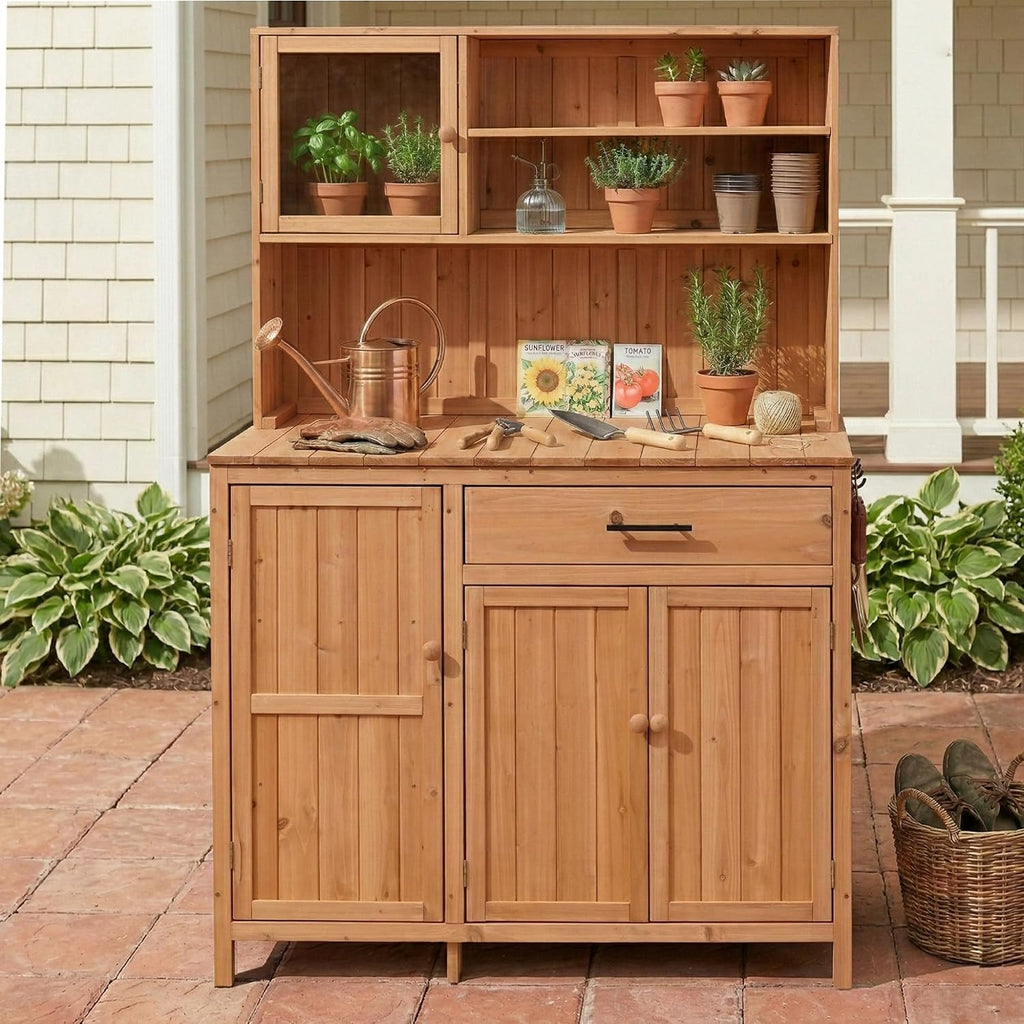 Potting Bench with Hutch, 65' H Solid Fir Wood Garden Workstation, Large Countertop, Patio Kitchen Island with Adjustable Shelves, Spice Rack, Side Hook and Drawer (Natural-P1)