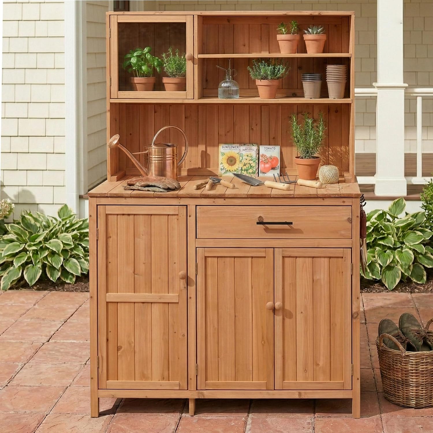 Potting Bench with Hutch, 65' H Solid Fir Wood Garden Workstation, Large Countertop, Patio Kitchen Island with Adjustable Shelves, Spice Rack, Side Hook and Drawer (Natural-P1)