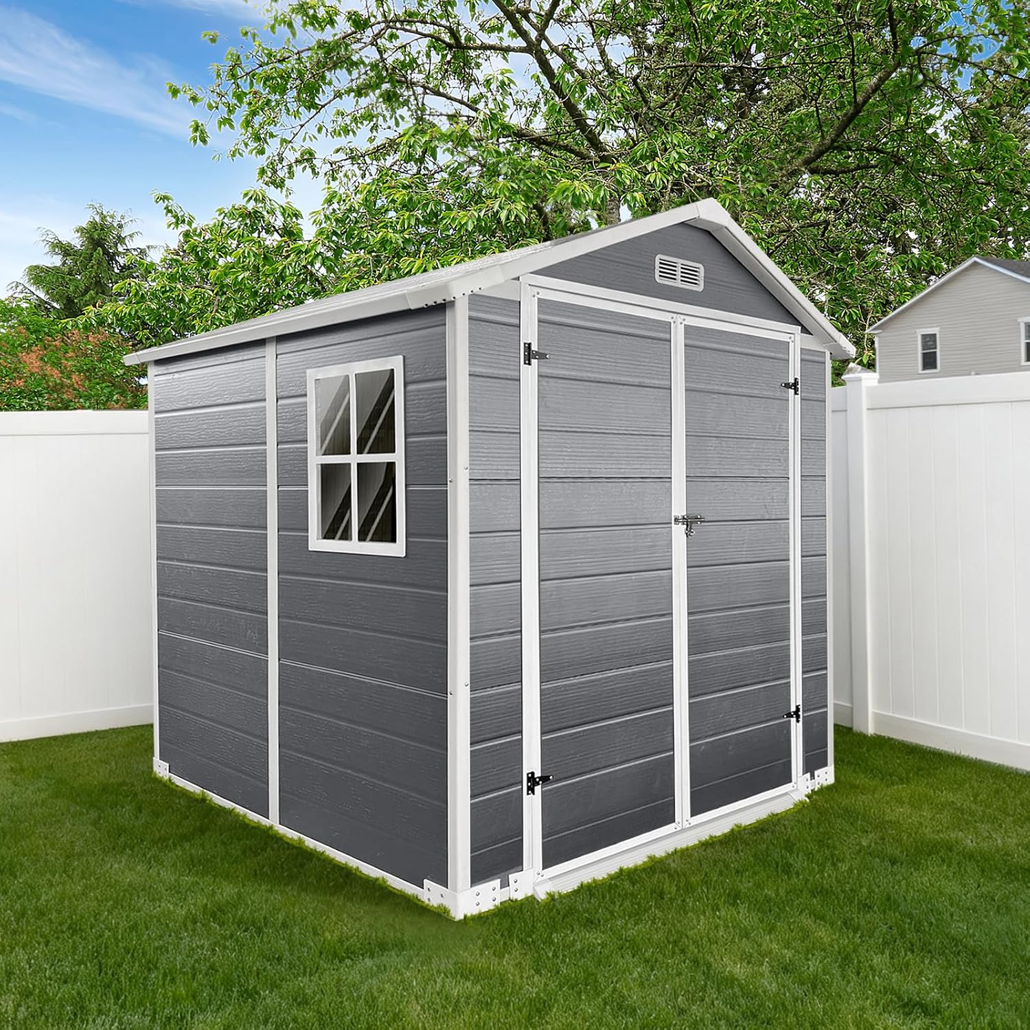 YOPTO 6x6 FT Storage Shed,Plastic Outdoor Storage Shed with Floor and Lockable Door,Waterproof Garden Shed W/Windows & Vents,Sloped Roof,Tool House for Storing Bicycles,Lawnmowers,Gray