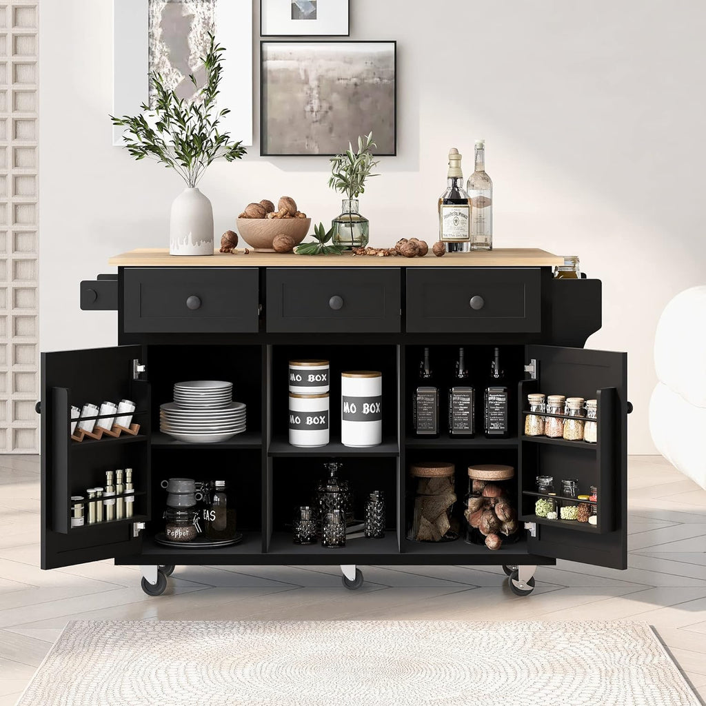 Kitchen Cart with Rubber Wood Drop-Leaf Countertop,Cabinet Door Internal Storage Racks,Kitchen Island on 5 Wheels with Storage Cabinet and 3 Drawers for Dinning Room, Black