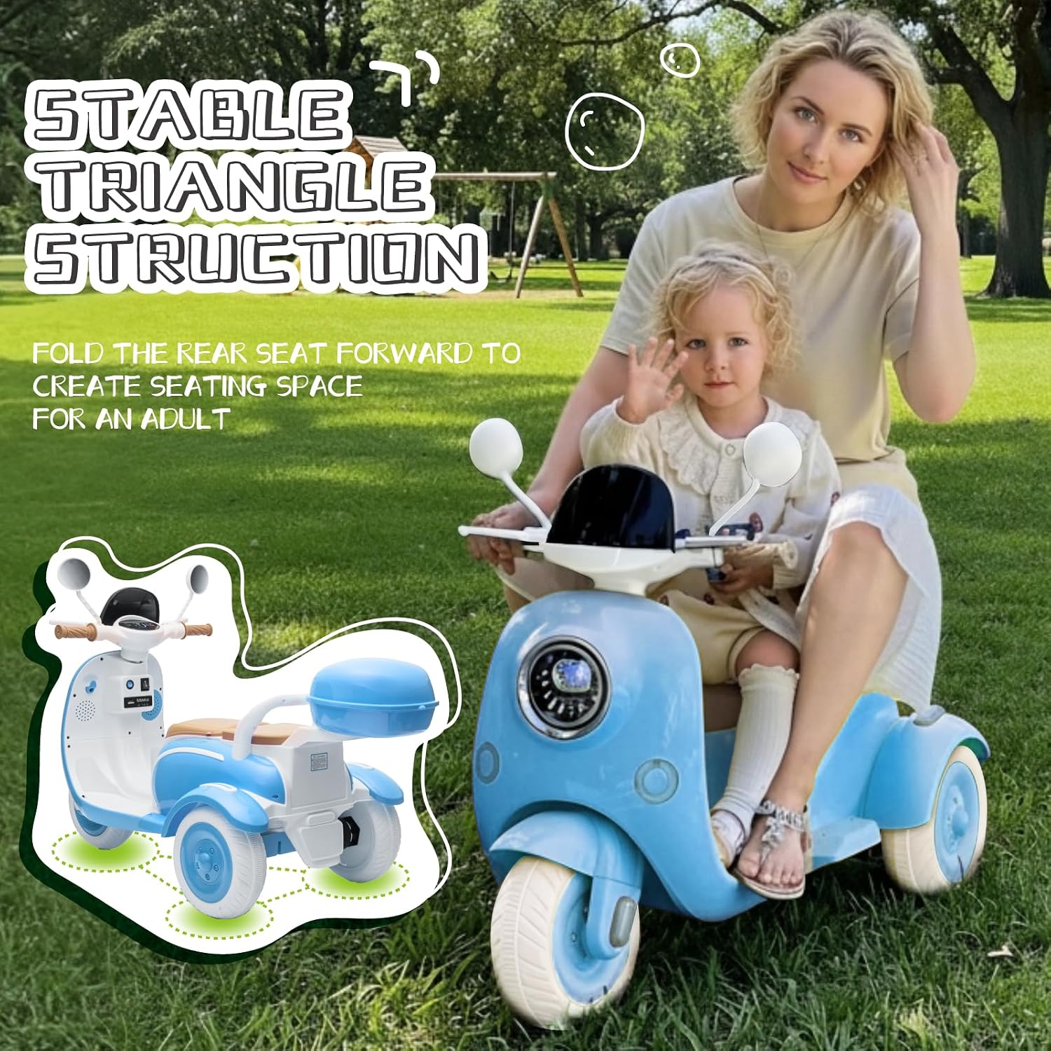 HEIMILI 12V 2-Seater Ride on Motorcycle for Kids, 3 Wheel Electric Motorbike with Dual 25W Motors, Toddler Moped Scooter with Bluetooth Music, Battery Powered Toy for Girls Boys 3-6 Years, Blue