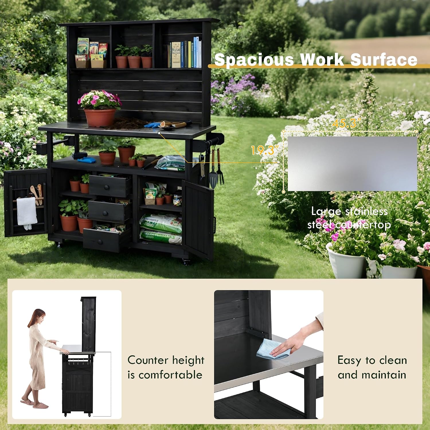 65''H Large Garden Potting Bench, Solid Fir Wood Outdoor Kitchen Island with Lockable Wheels, Stainless Steel top, Drawers, Shelf and Cabinets, Door Shelves and Hutch for Grilling (Black-113)