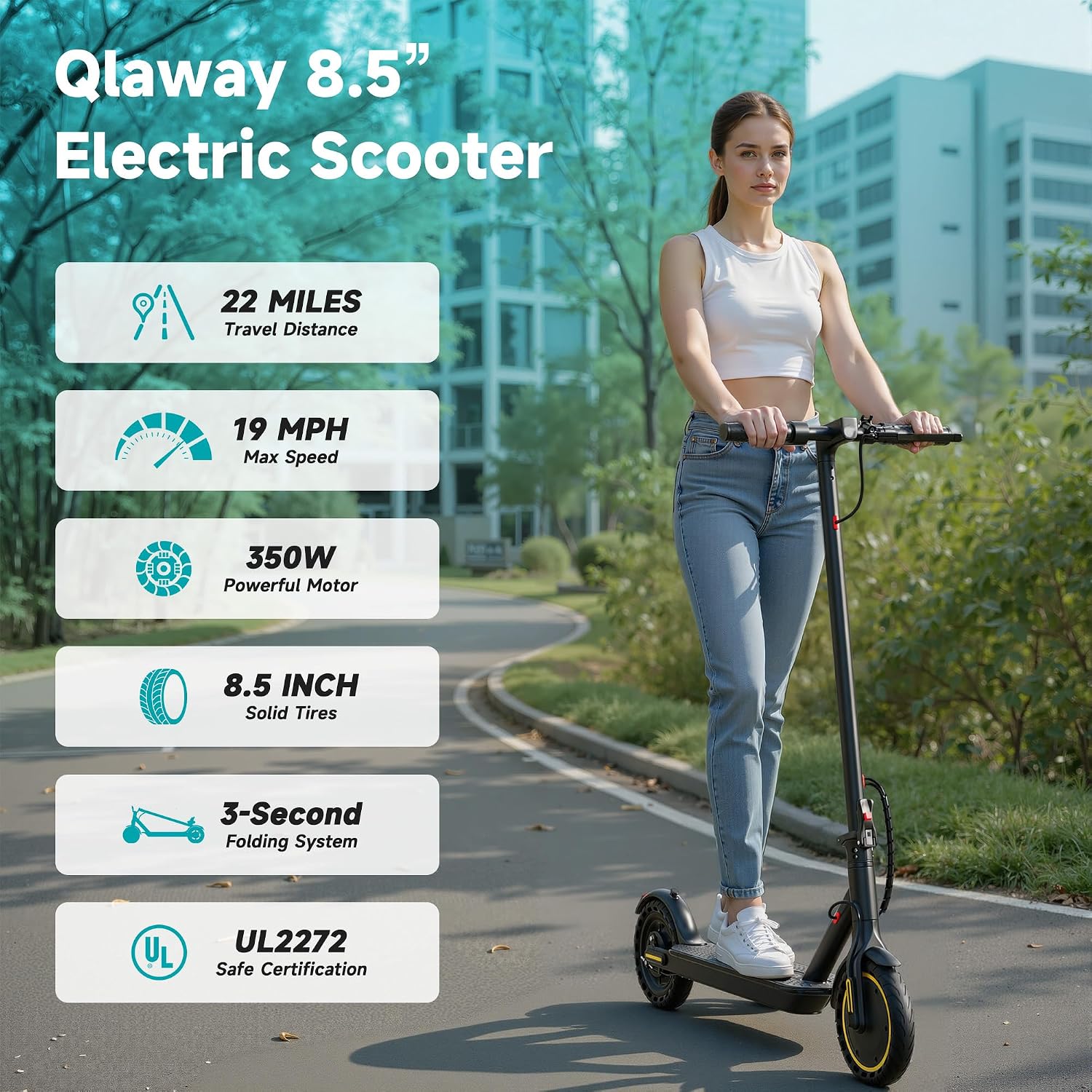Qlaway 8.5' E Scooter for Adults 19/22 MPH 350/500W Motor 187.2/288.6/441WH Battery, Motorized Scooter Up to 22 Miles Range, Foldable Bearing 265 LBS/APP Control