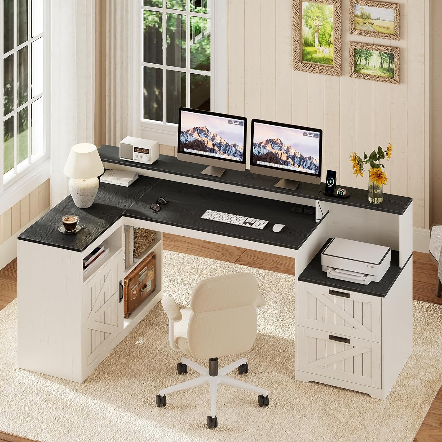 TVU Farmhouse L Shaped Desk with Drawers, 62.2' Home Office Desk with Storage Shelves and Power Outlet, L Shaped Computer Desk with Monitor Stand and Printer Shelf, Black and White