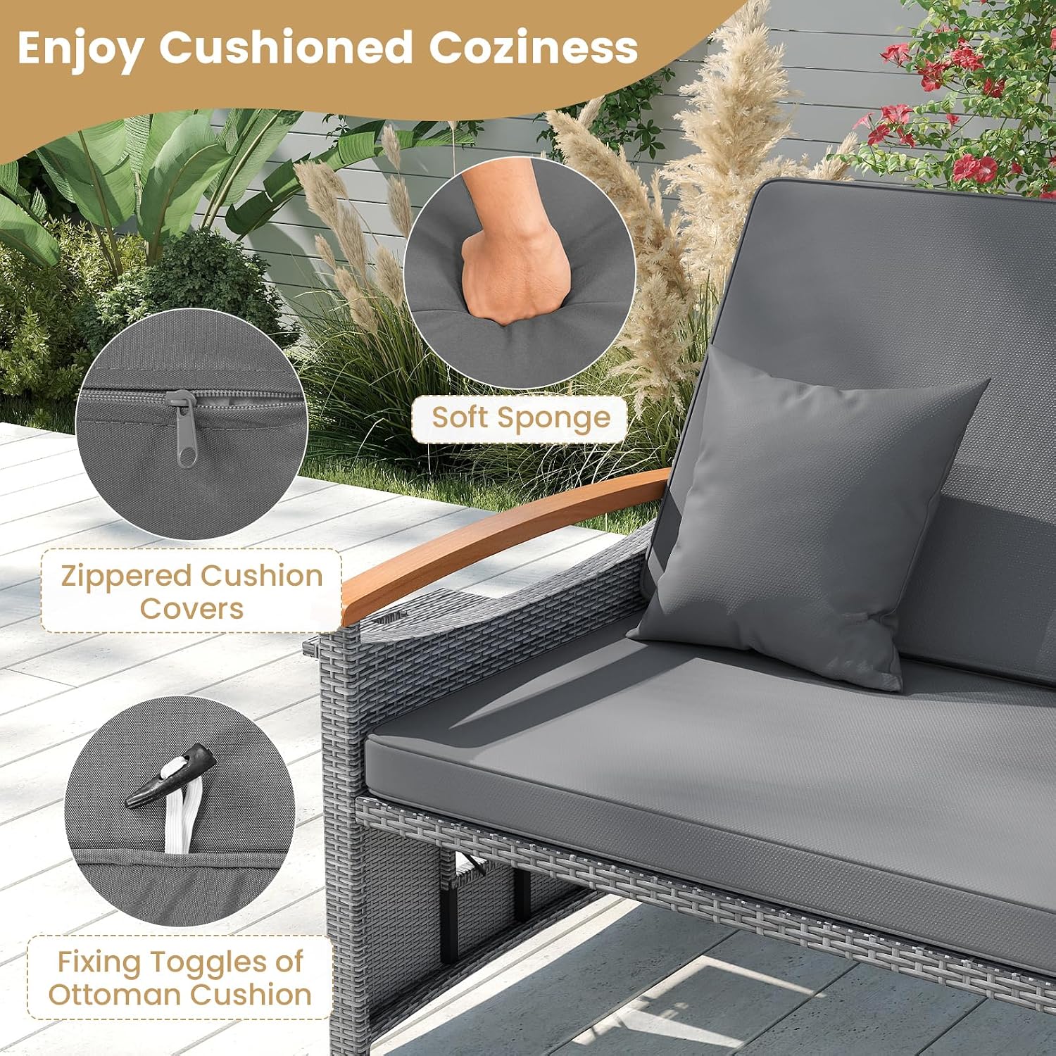 Tangkula Patio Rattan Daybed with 4-Level Adjustable Backrest, Outdoor Wicker Loveseat with Acacia Wood Armrest, Storage Ottoman & Folding Tray, Double Sunbed for Balcony, Backyard & Poolside (Grey)