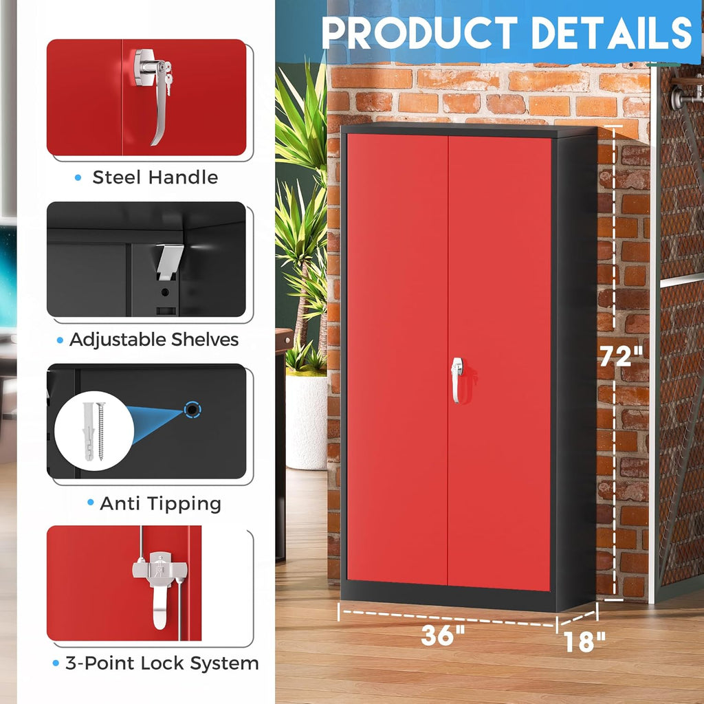 Greenvelly Metal Garage Storage Cabinet with 2 Doors and 4 Adjustable Shelves, 72'H Steel Lockable Storage Cabinet,Tall Metal Cabinet Locking File Cabinet for Office,Home, Garage, Gym, School
