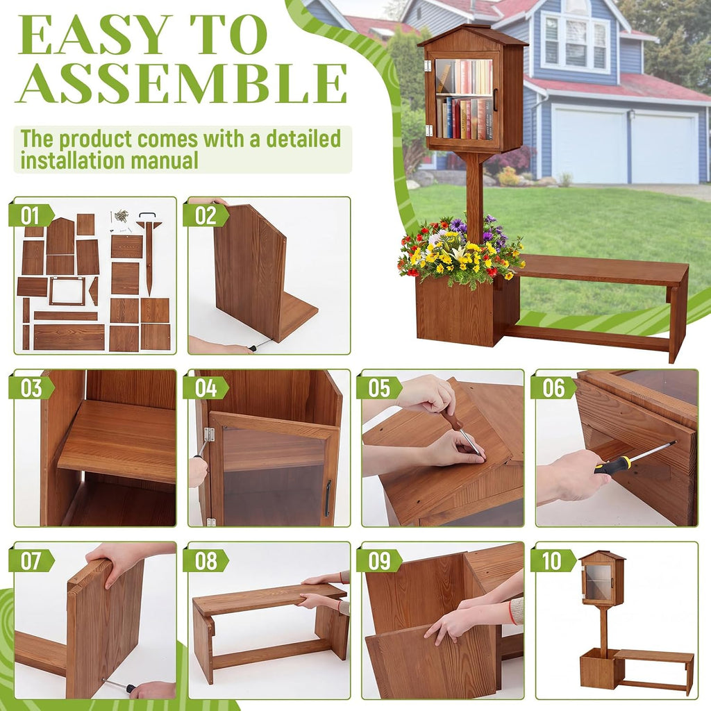 Wonderjune Little Library Box Outdoor with Bench & Planter DIY Paintable Lending free Library Solid Pine Wood Neighborhood Share Box Ground Mount Kit for Yard Garden Community School(Dark Brown)