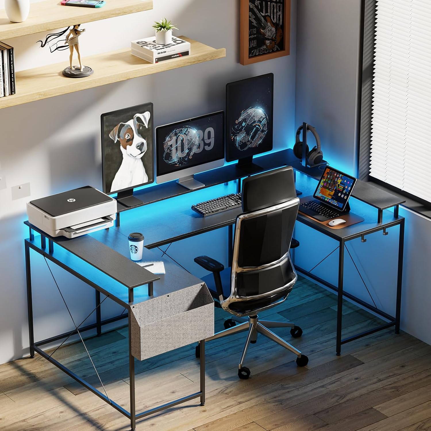 u Shaped Desk with Power Outlets & LED Lights, 79' Extra Large Reversible Corner Office Desk, Monitor Stand & Storage Shelves, Corner Computer Table Office Table with Full Monitor Stand