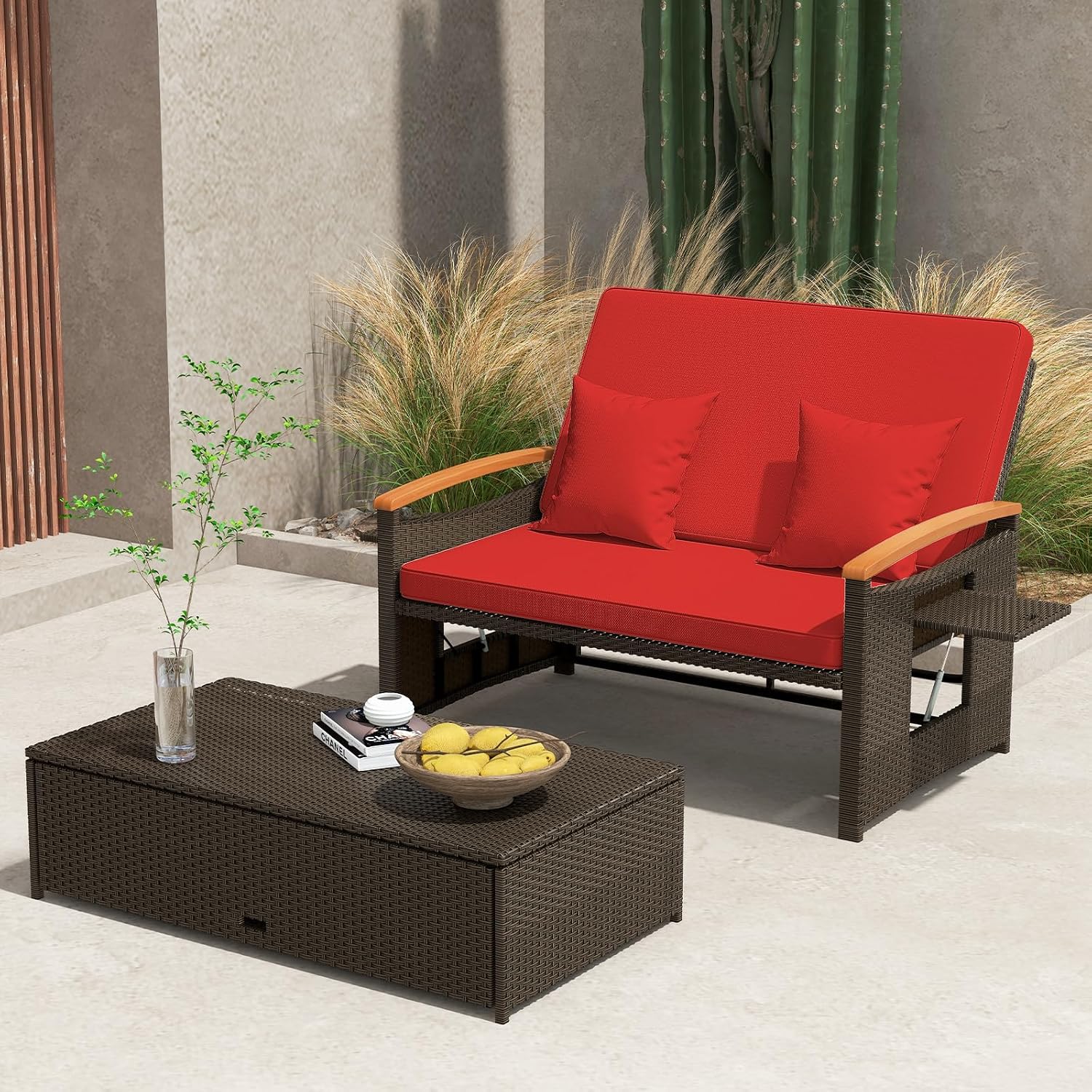 Tangkula Patio Rattan Daybed with 4-Level Adjustable Backrest, Outdoor Wicker Loveseat with Acacia Wood Armrest, Storage Ottoman & Folding Tray, Double Sunbed for Balcony, Backyard & Poolside, Red