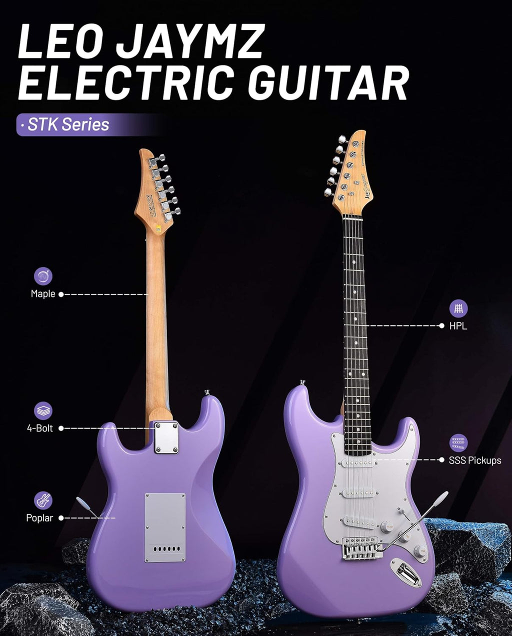 Leo Jaymz Beginner Electric Guitar 39' Kit with Portable Amplifier, Padded Gig Bag, Digital Tuner，Capo，Strap，Picks，Classic SSS Pickups (Lavender)