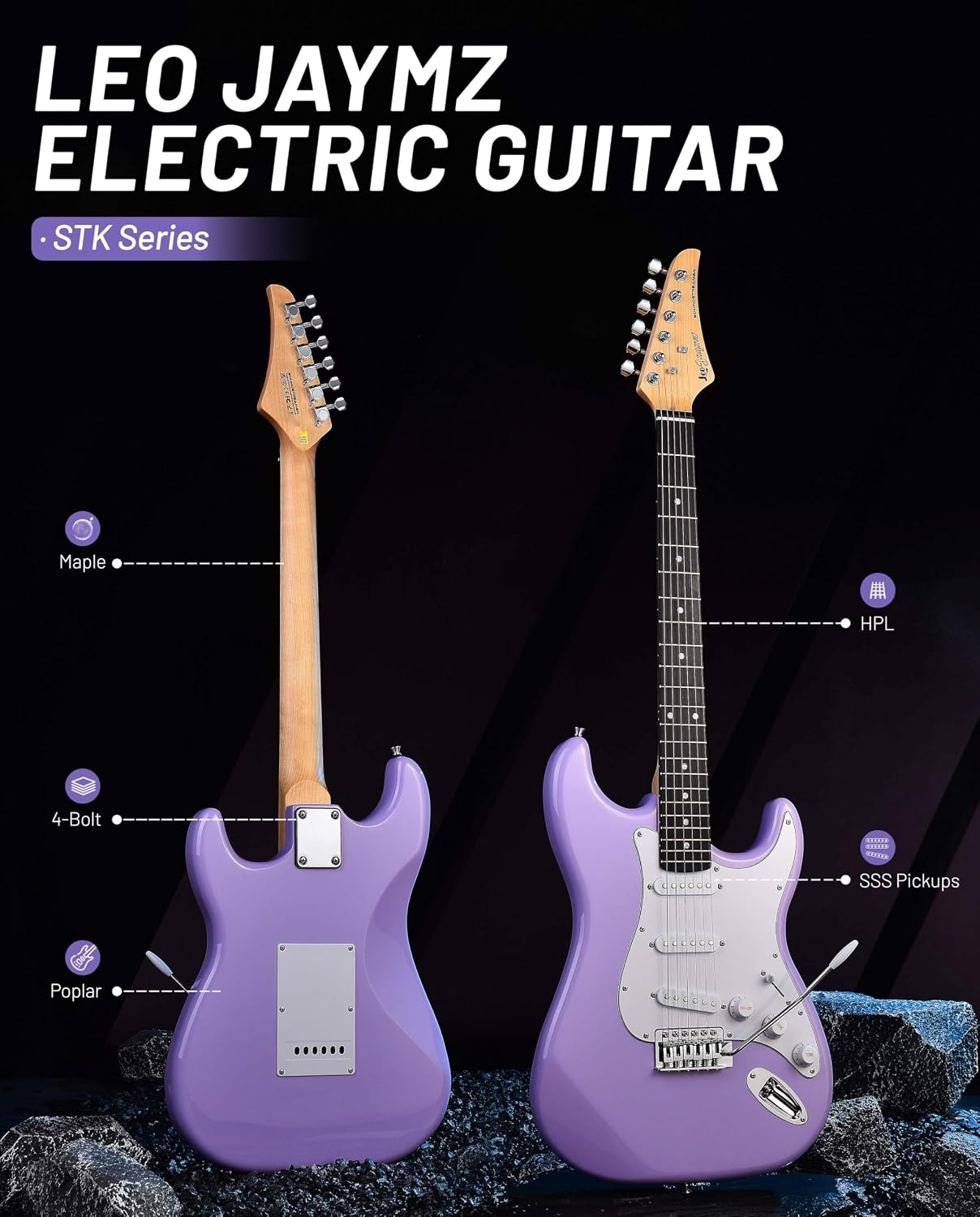Leo Jaymz Beginner Electric Guitar 39' Kit with Portable Amplifier, Padded Gig Bag, Digital Tuner，Capo，Strap，Picks，Classic SSS Pickups (Lavender)