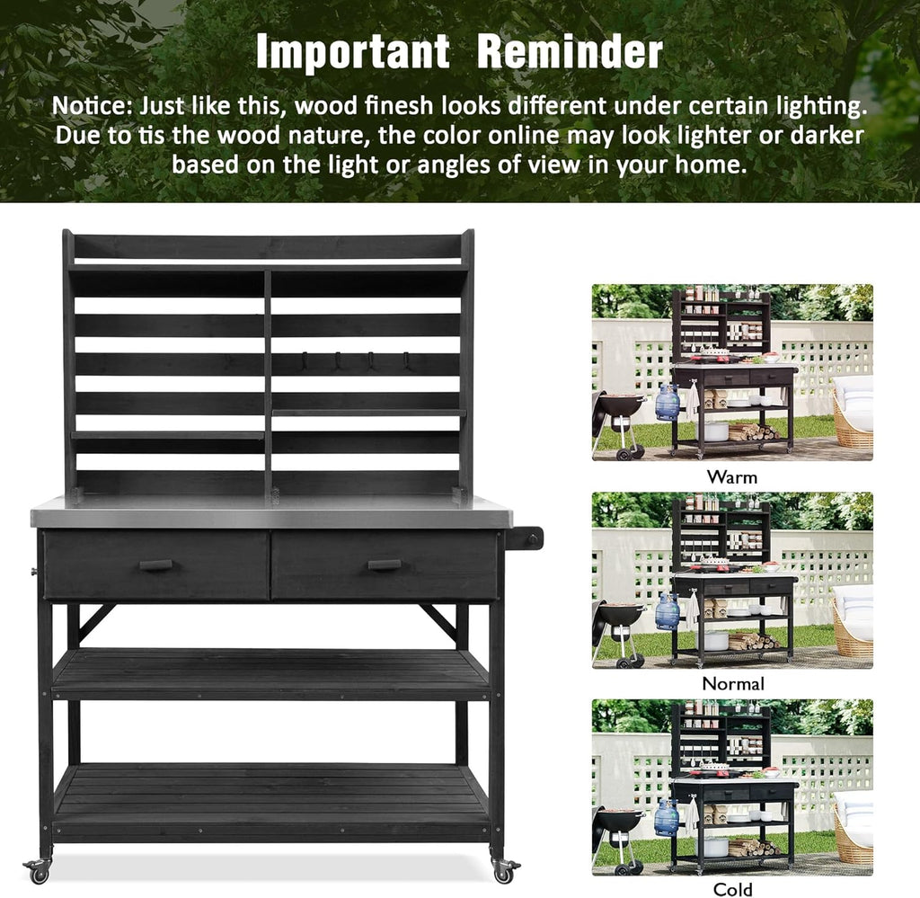 64.9' H Outdoor Potting Bench Table with Lockable Wheels,Solid Wood Outdoor Kitchen Island with Upper Hutch,Stainless Steel Top,Towel Rack,Outdoor Storage for Grilling,Lawn Garden,Grey Blue