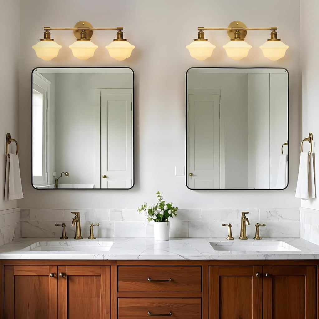 Pathson Milk White Glass Bathroom Wall Sconce Lights, 3-Light Hardwired Wall Vanity Lamps for Living Room Vintage Home Decor, E26 Base