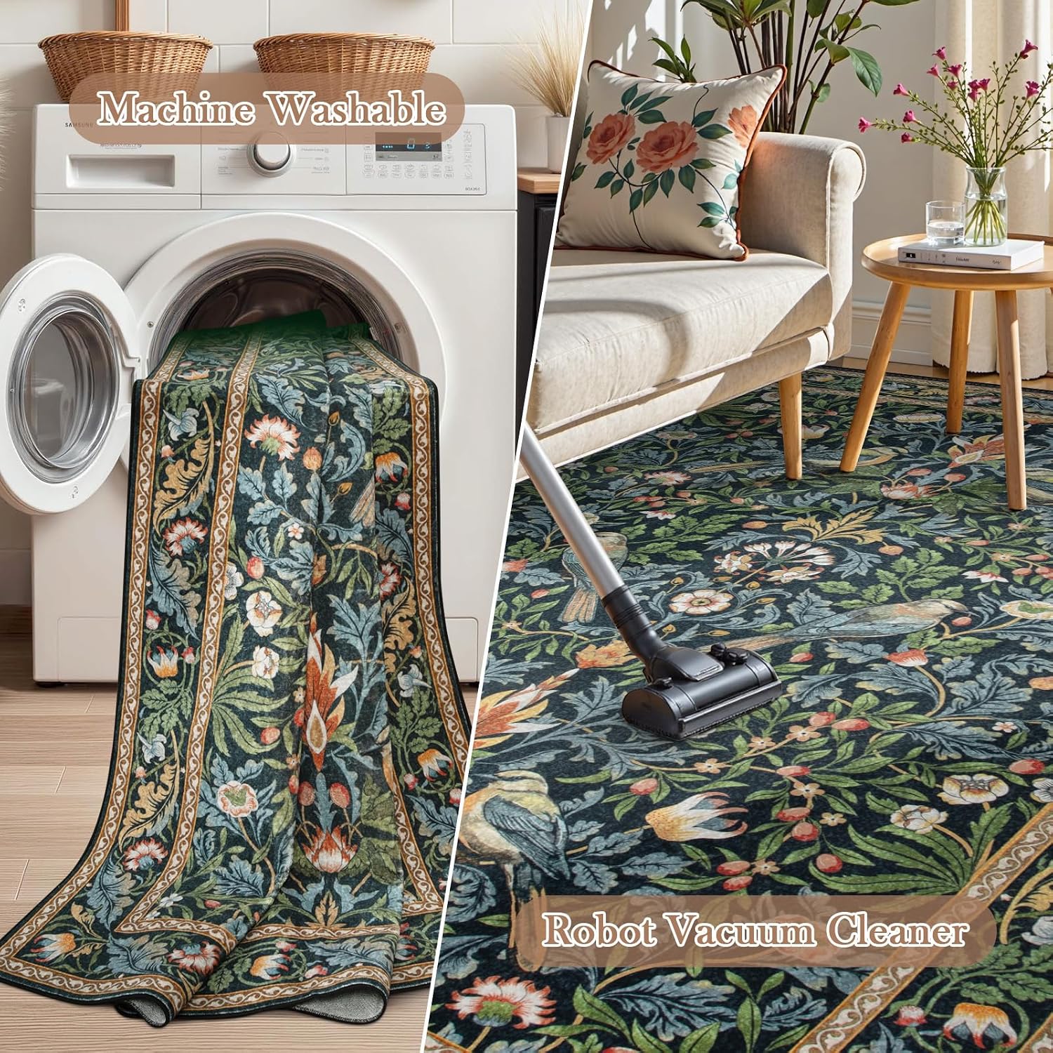 Morebes Boho Living Room Rug 8x10, Washable Kids Playroom Area Rug Non Slip, Soft Large Botanical Flower Indoor Floor Throw Carpet for Bedroom Nursery Dining Room, Navy Blue