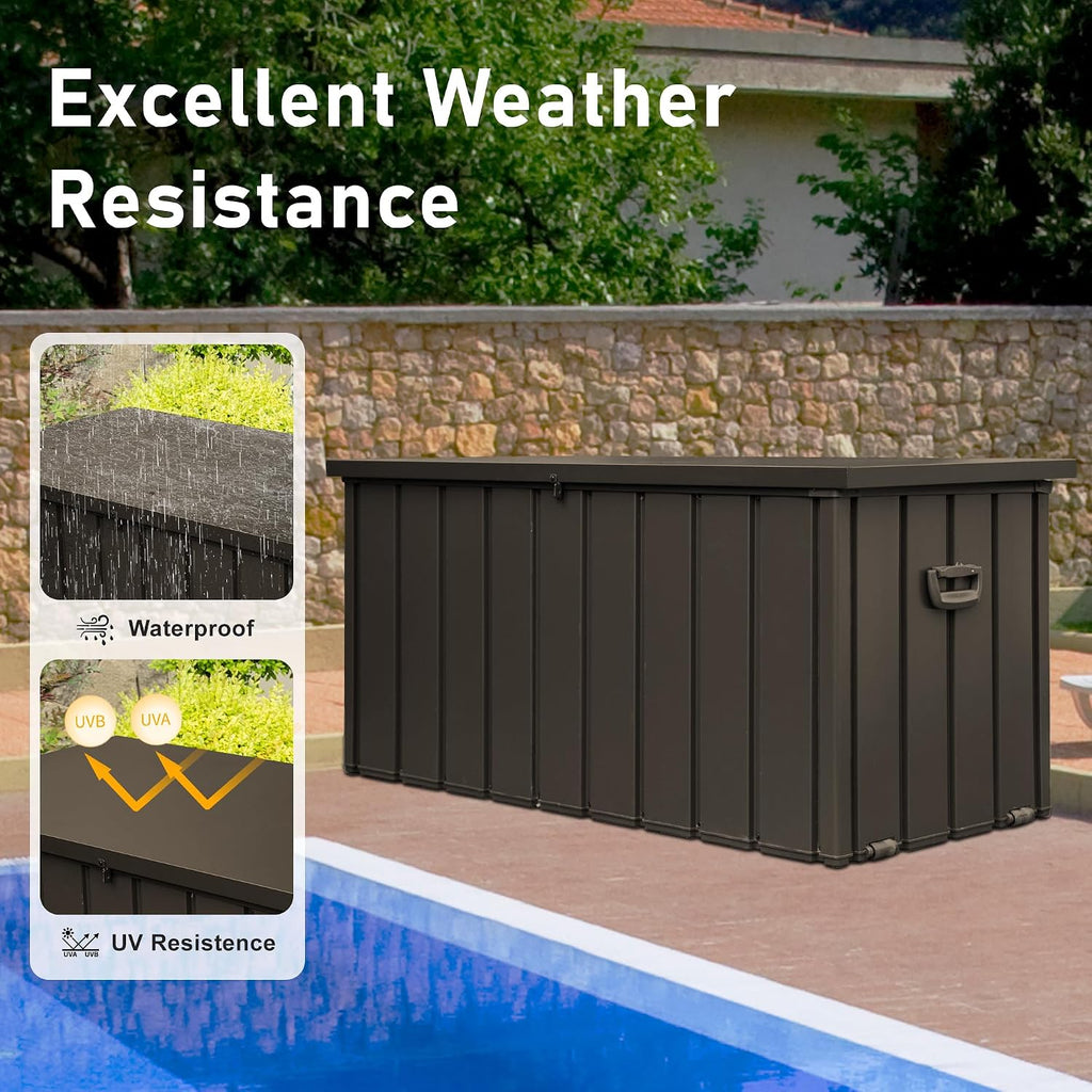 Domi 100 Gallon Deck Box Outdoor Storage Box, Lockable Storage Cabinet Deck Box Outdoor Waterproof, Large Metal Storage Bin for Patio Furniture Cushions Garden Tools Pool-Supplies, Brown