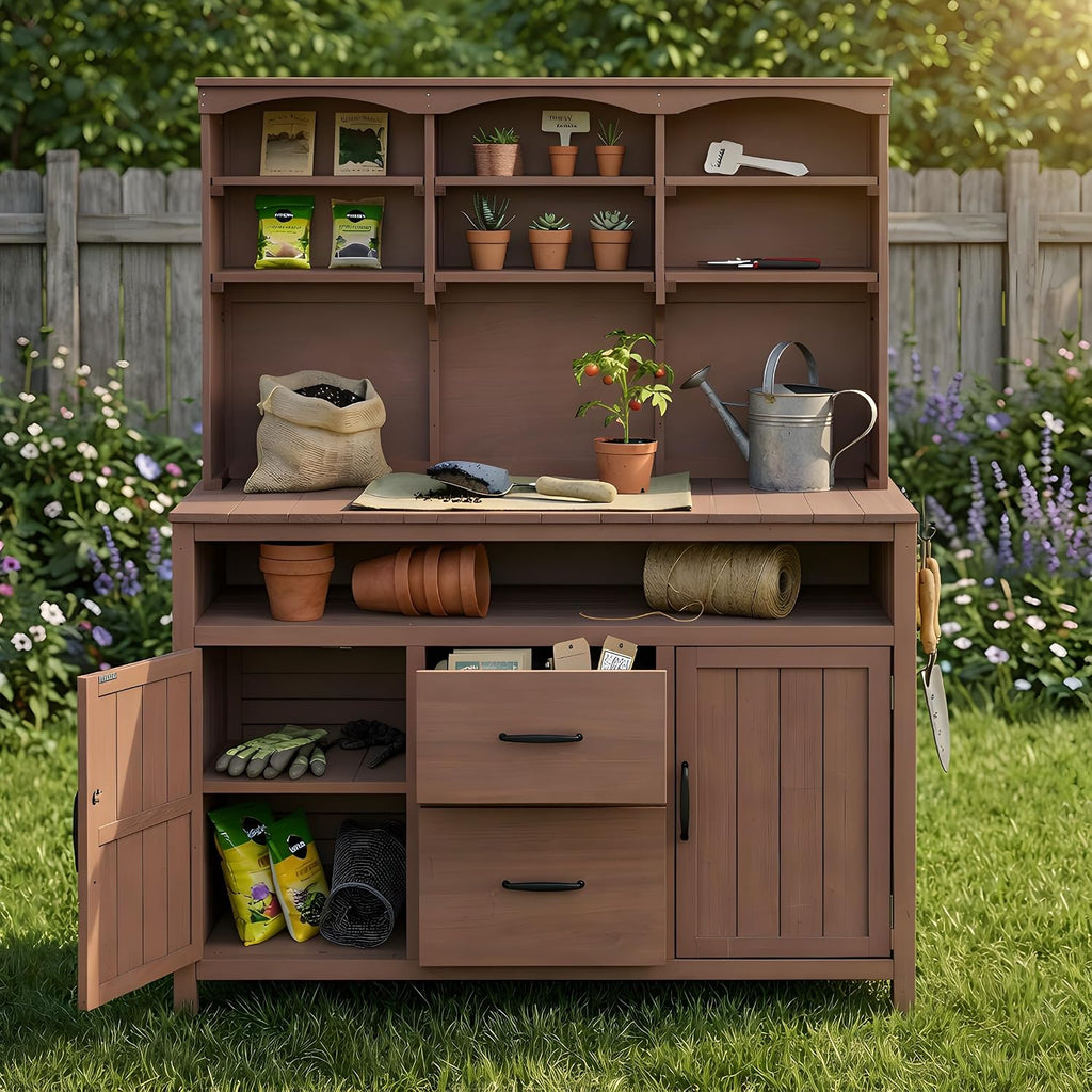 Large Fir Wood Potting Bench, 45.3''L Multi-Functional Outdoor Patio Kitchen Island with Hutch,Drawers & Hooks,Large Countertop for Gardening, Grill (Brown-1)