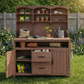 Large Fir Wood Potting Bench, 45.3''L Multi-Functional Outdoor Patio Kitchen Island with Hutch,Drawers & Hooks,Large Countertop for Gardening, Grill (Brown-1)