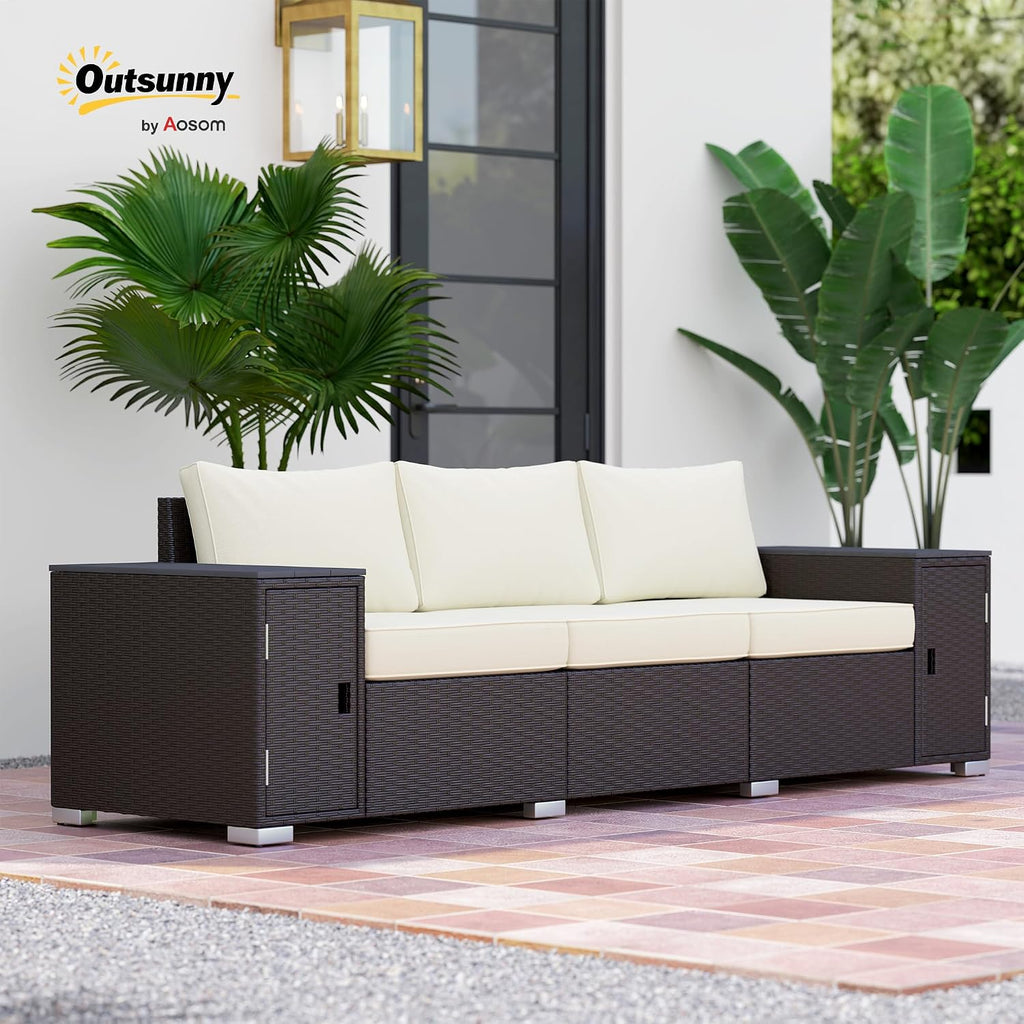 Outsunny 3 Seater Wicker Sofa with 2 Storage Side Tables and Thickened Cushions, Rattan Outdoor Patio Sofa with Wide Armrests, Wicker Outdoor Couch for Porch, Garden, Backyard, Cream White/Brown