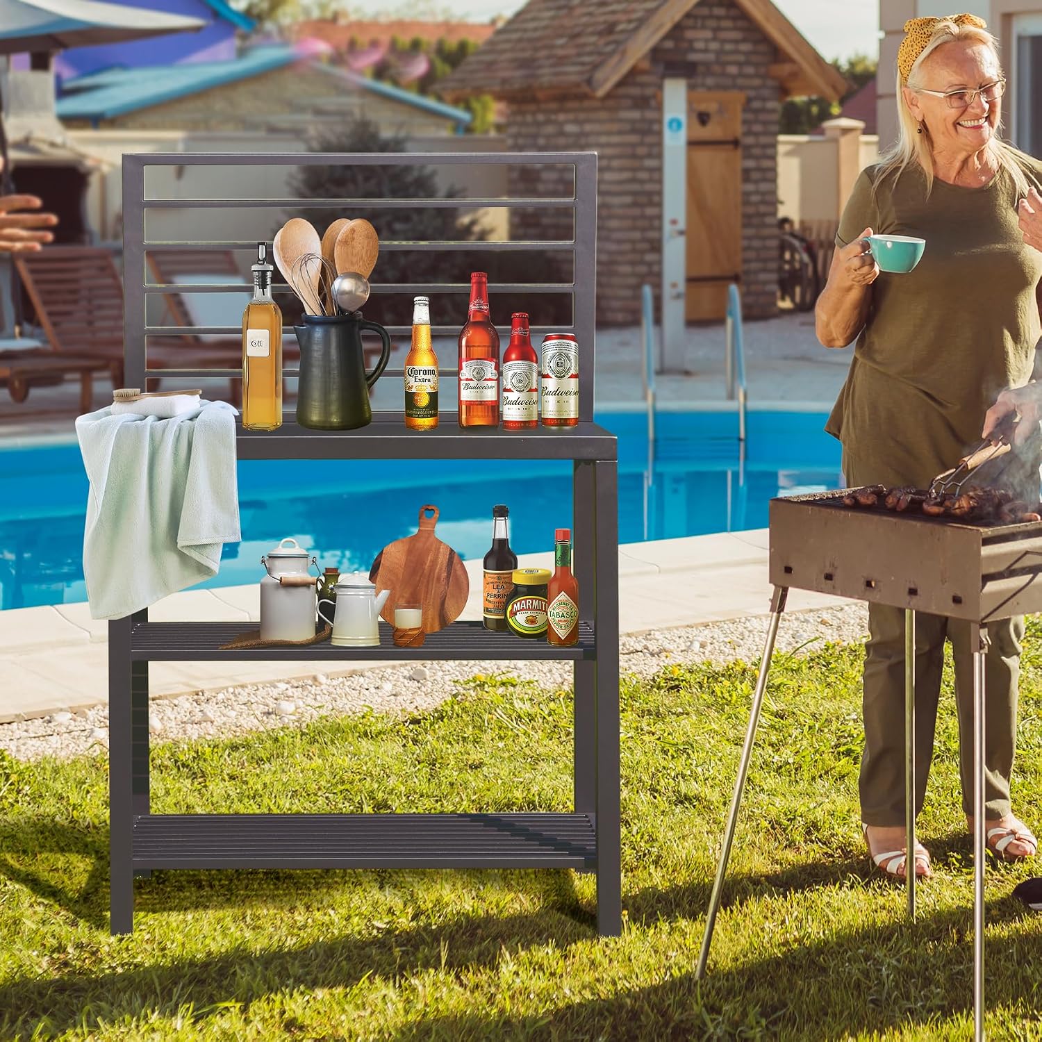 Domi Outdoor Kitchen Island with Storage, Aluminum Kitchen Storage Island Kitchen Food Prep Table with Double Storage Rack, Freestanding Bar Center with Protective Cover Indoor Outdoor