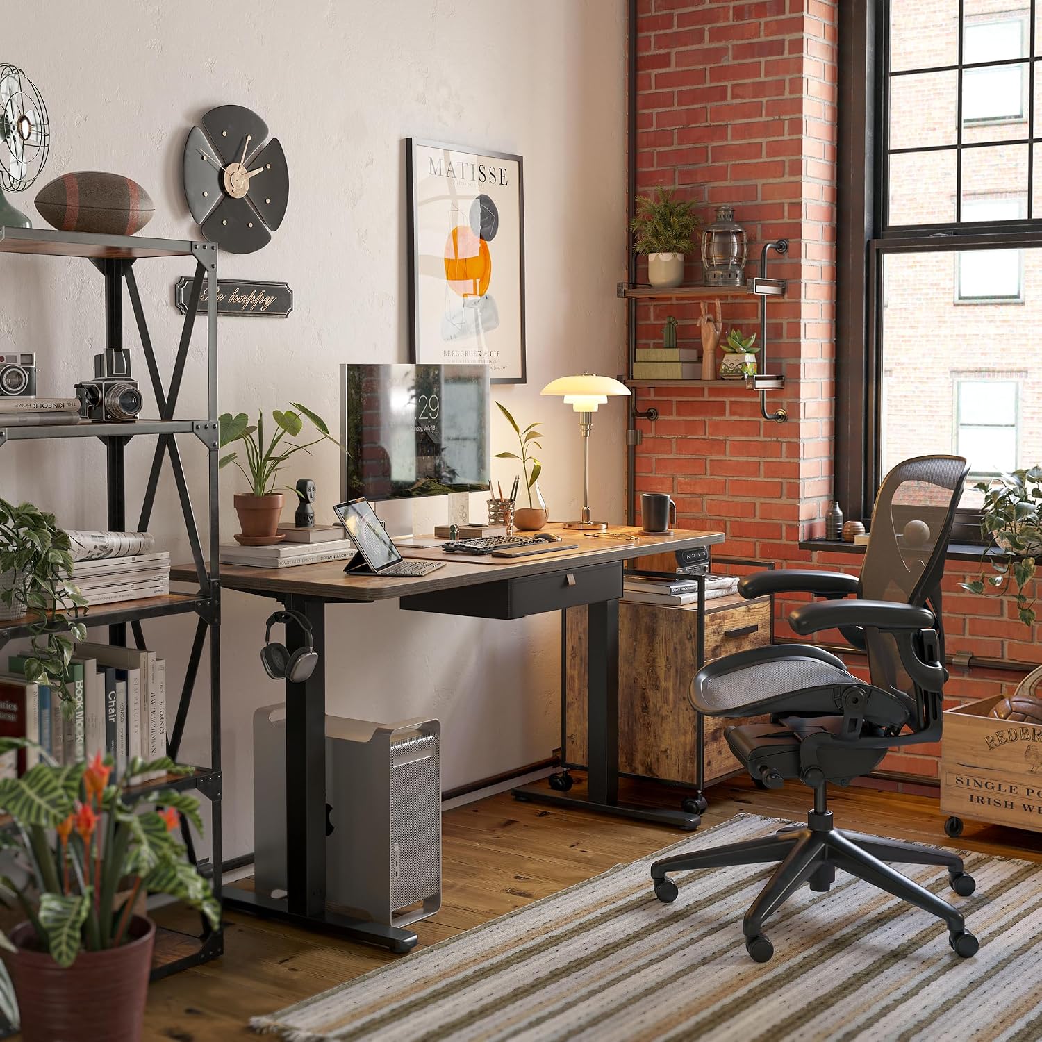FEZIBO 48 x 24 Inch Standing Desk with Drawer, Sit Stand Computer Desk, Ergonomic Workstation, Home Office Stand Up Table with Storage &2 Hooks, Rustic Brown