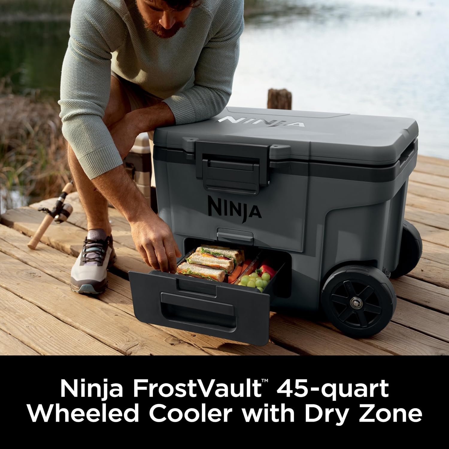 Ninja | Cooler | FrostVault 45QT Cooler with Wheels | Insulated with Temp Dry Storage Drawer | Keeps Ice Cold for Days | for the Beach, Camping, Picnics & More | Grey | FB245CG