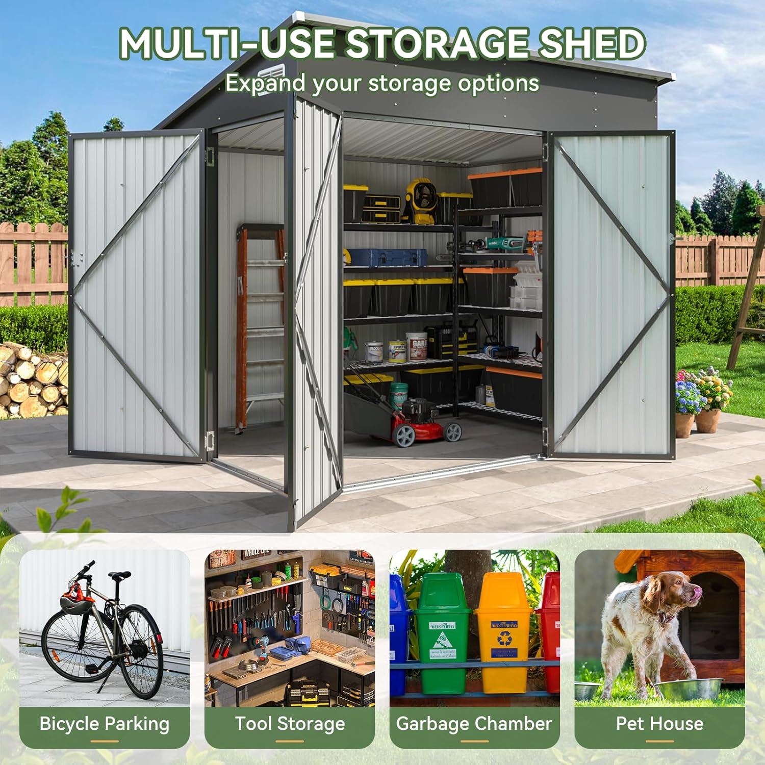 Aoxun 7.5'x4' Triple Door Shed Outdoor Storage Shed with Magnetic Sensor Light Three Door Metal Storage Cabinet with Slopping Roof for Tools Bicycles Storage for Garden, Backyards (Black)