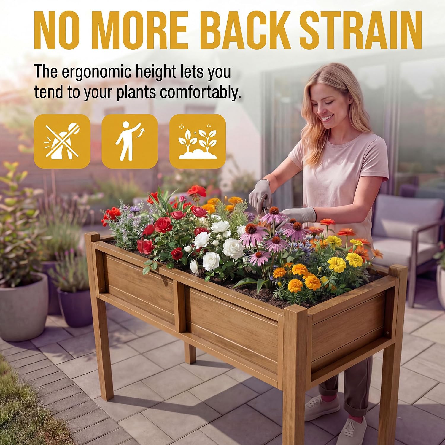 DWVO Raised Garden Bed HDPE with Legs Poly-Wood Weatherproof Elevated Planter Box Outdoor with Drainage System Patio Planters for Herbs Vegetables Flowers Plant Bed for Garden Balcony Backyard, Teak