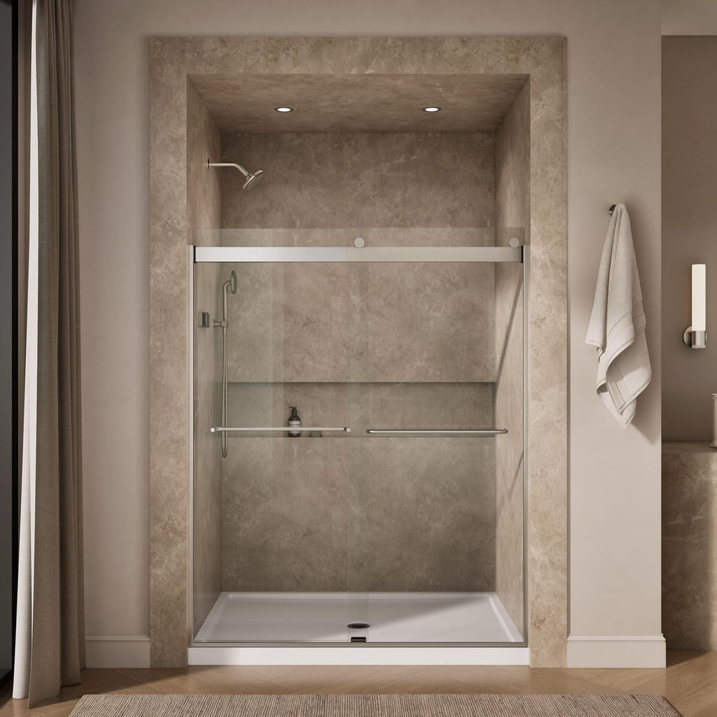 KOHLER K-706015-L-MX Levity Shower Door, 74.00 x 3.06 x 59.63 inches, Crystal Clear with Matte Nickel frame