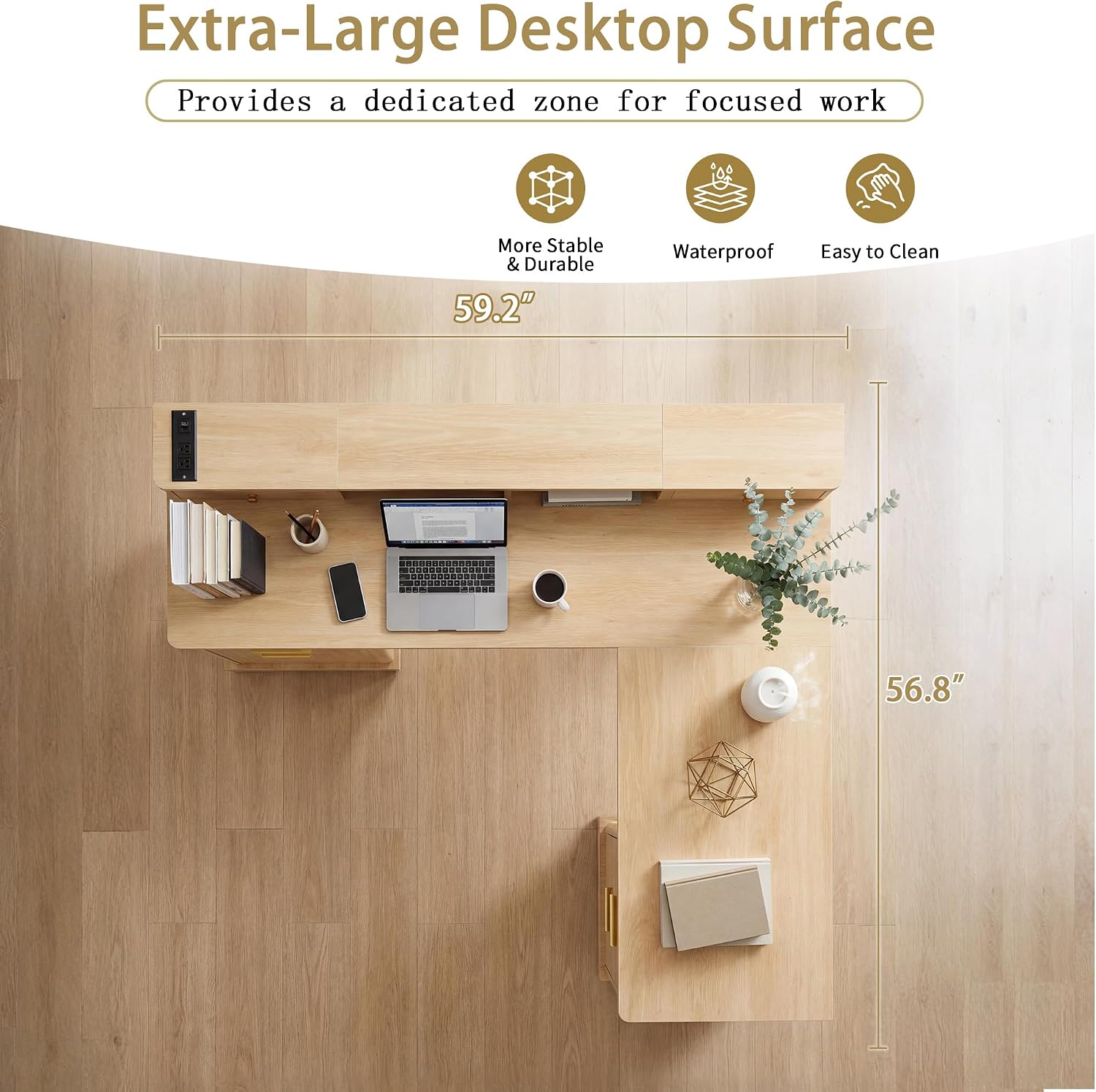 Fluted L Shaped Executive Desk with 6 Drawers & Monitor Stand, Home Office Computer Writing Desk with Power Outlets, File Drawer, Wood Corner Workstation Desk with Storage for Study, Bedroom(Natural)