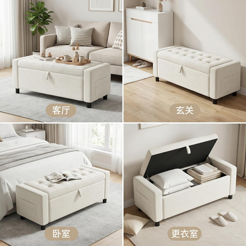 Amada 46' Storage Ottoman Bench with Safety Hinge, Hidden Compartment & Side Pocket - Upholstered End of Bed/Entryway Bench for Bedroom & Living Room, 400 lbs Weight Capacity, Beige