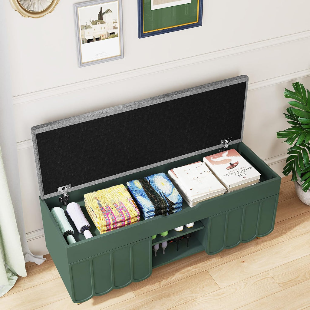3More 40' Entryway Shoe Storage Bench,Upholstered Hidden Space Beneath Seat Cushion Bench,2-Tier Unique Geometric Shape with Wood Grain,Green