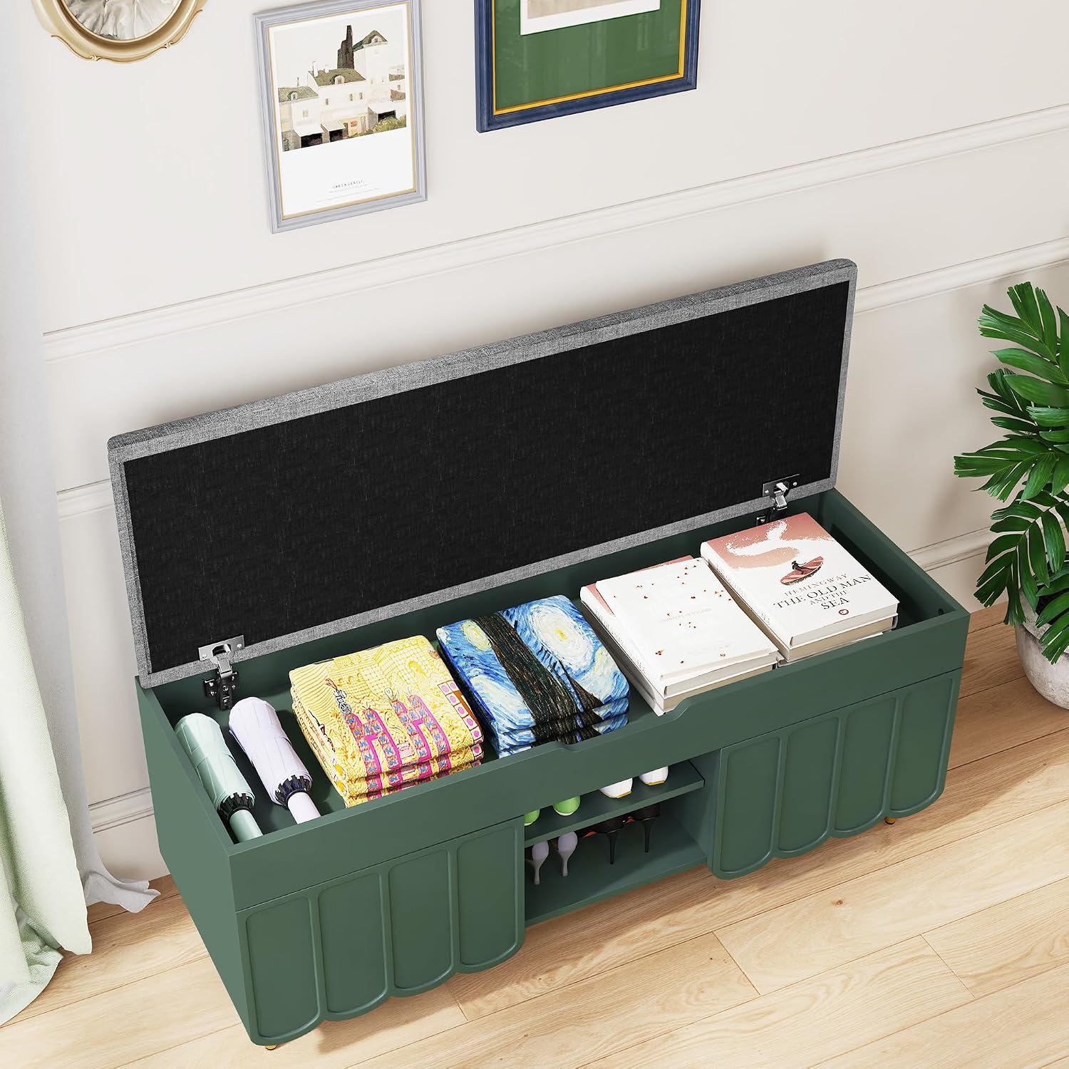 3More 40' Entryway Shoe Storage Bench,Upholstered Hidden Space Beneath Seat Cushion Bench,2-Tier Unique Geometric Shape with Wood Grain,Green