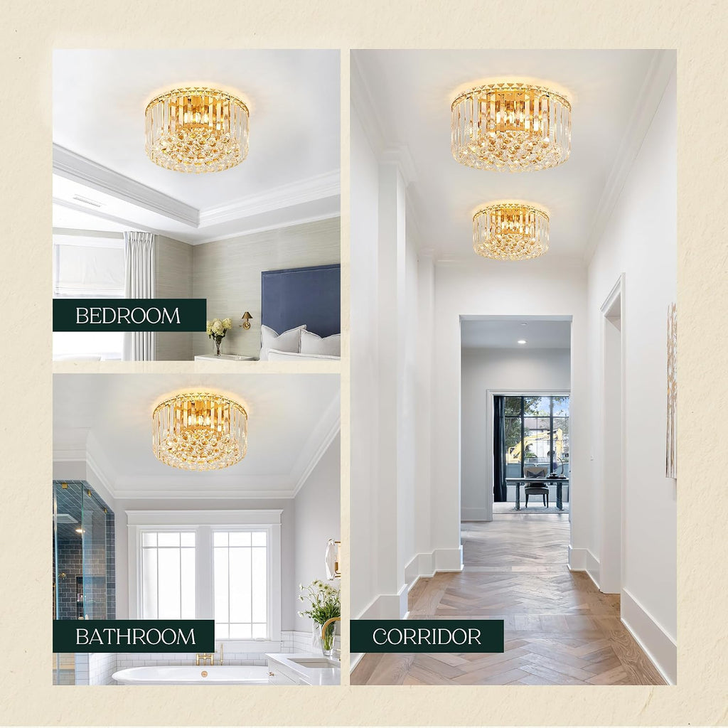 12.6' Gold K9 Crystal Raindrop Flush Mount Ceiling Light, Modern Chandelier, Round Luxury Light Fixture for Dining Room, Bedroom, Hallway, Kitchen Island & Living Room