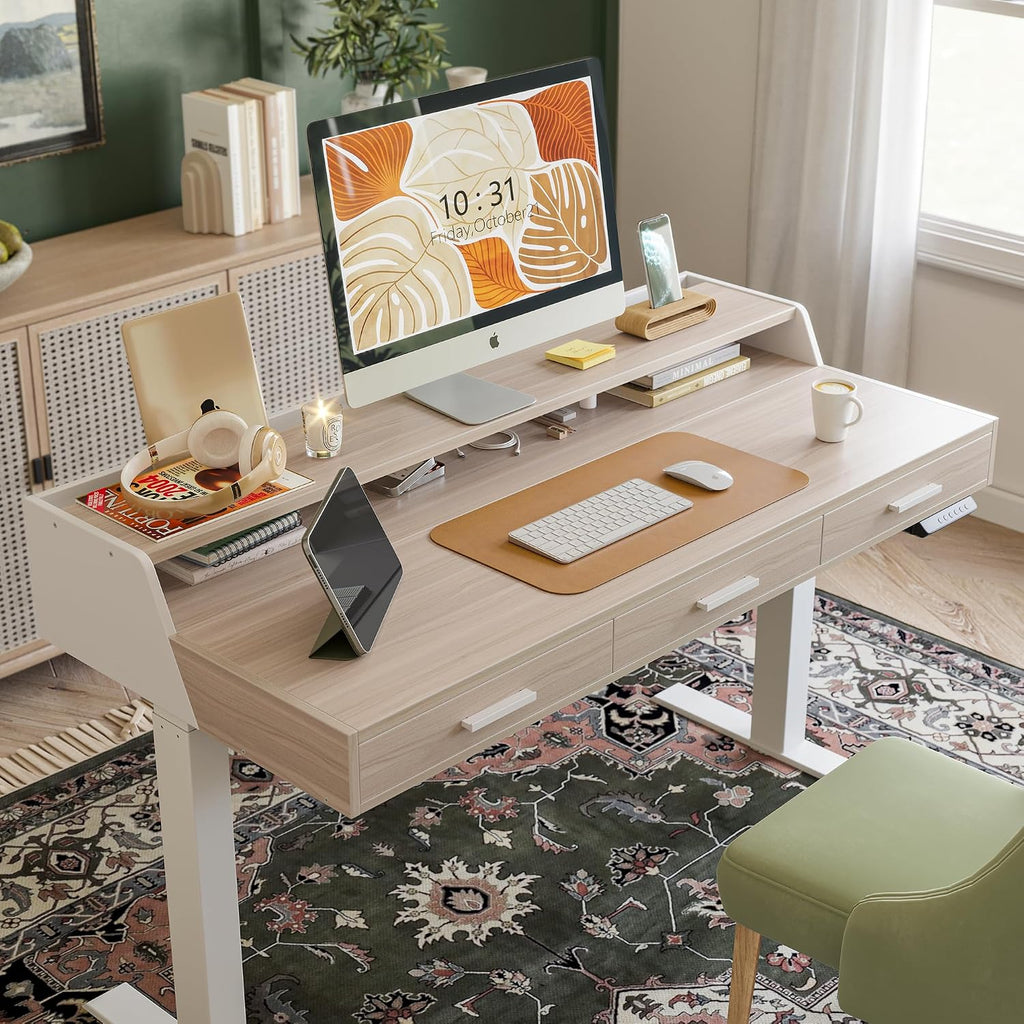 FEZIBO Electric Standing Desk with Drawers, 55x26 Inch Standing Desk Adjustable Height, Stand Up Desk with Monitor Shelf, Sit Stand Home Office Desk, Light Walnut