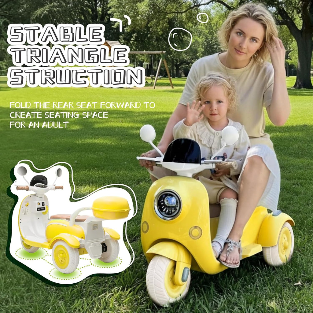 HEIMILI 12V 2-Seater Ride on Motorcycle for Kids, 3 Wheel Electric Motorbike with Dual 25W Motors, Toddler Moped Scooter with Bluetooth Music, Battery Powered Toy for Girls Boys 3-6 Years, Yellow