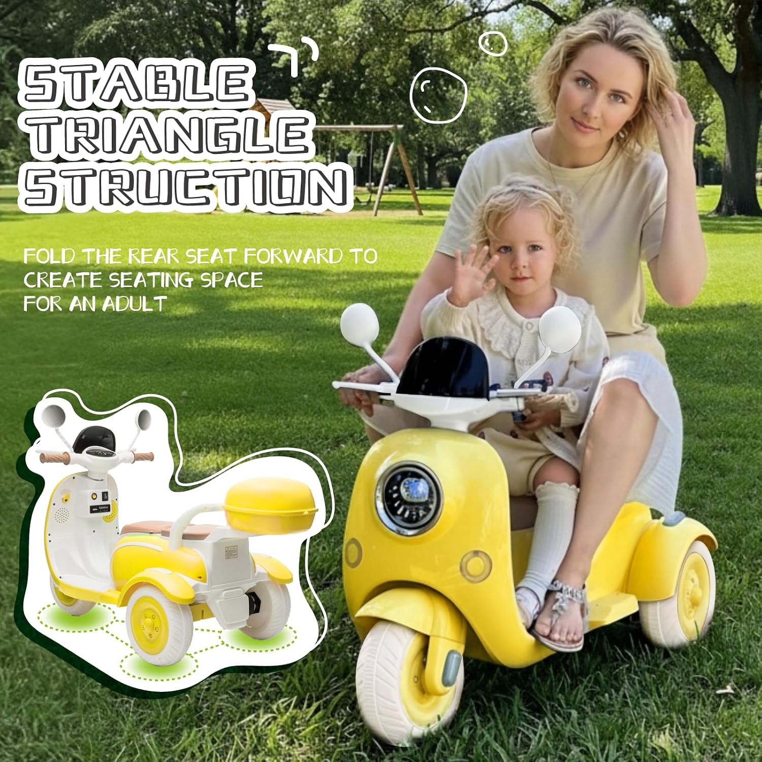 HEIMILI 12V 2-Seater Ride on Motorcycle for Kids, 3 Wheel Electric Motorbike with Dual 25W Motors, Toddler Moped Scooter with Bluetooth Music, Battery Powered Toy for Girls Boys 3-6 Years, Yellow