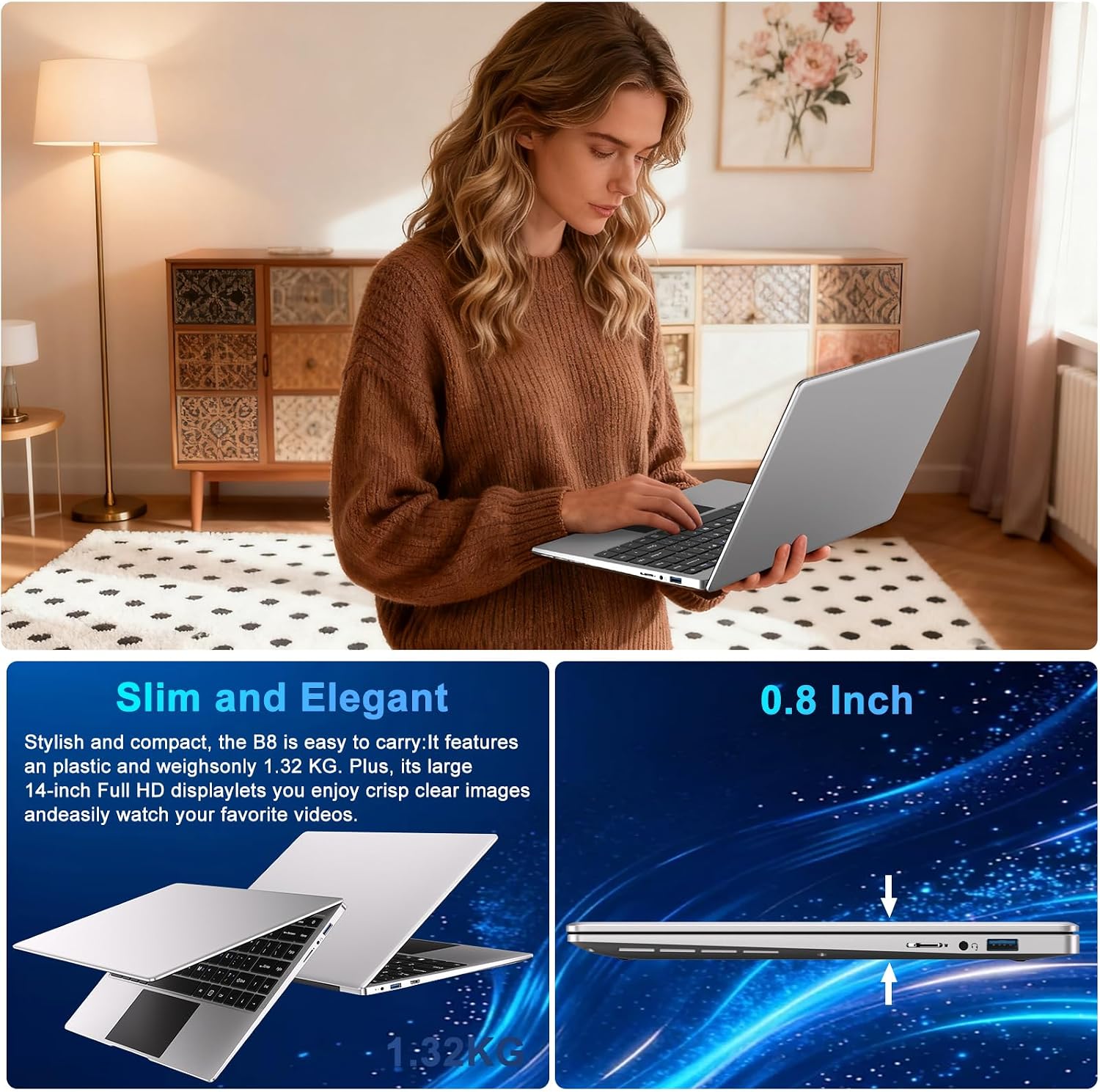 2026 14 Inch Laptop Computer Win 11 8GB+256GB SSD Up to 1TB SSD Expand Laptops N4020 Up to 2.8Ghz DDR4 1080p FHD Dual WiFi BT4.2 with Webcam Screen Projection Function for Business Student--Silver