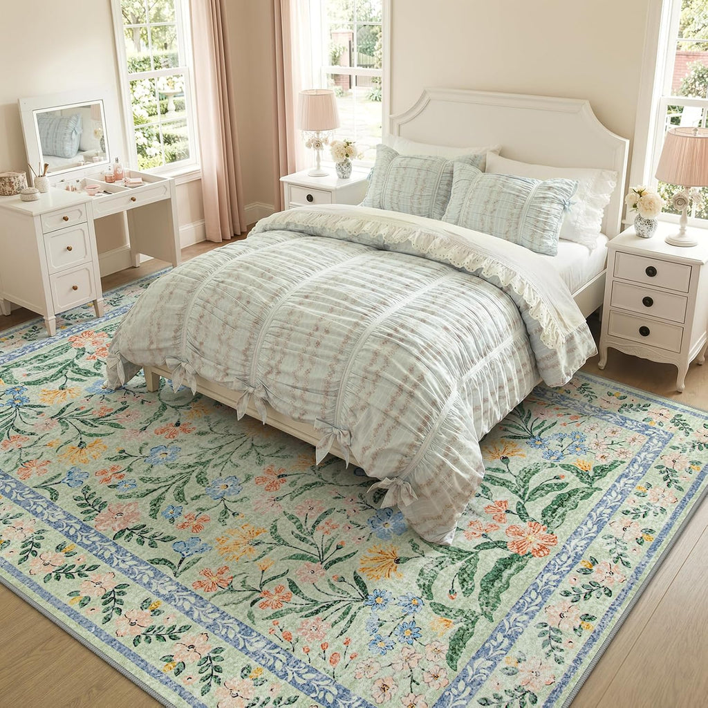 Morebes Washable Area Rugs for Bedroom 9x12, Boho Floral Rugs for Living Room Non Slip, Soft Thin Distressed Cottage Core Carpet for Nursery Girls Room Dinning Room Kids Playroom