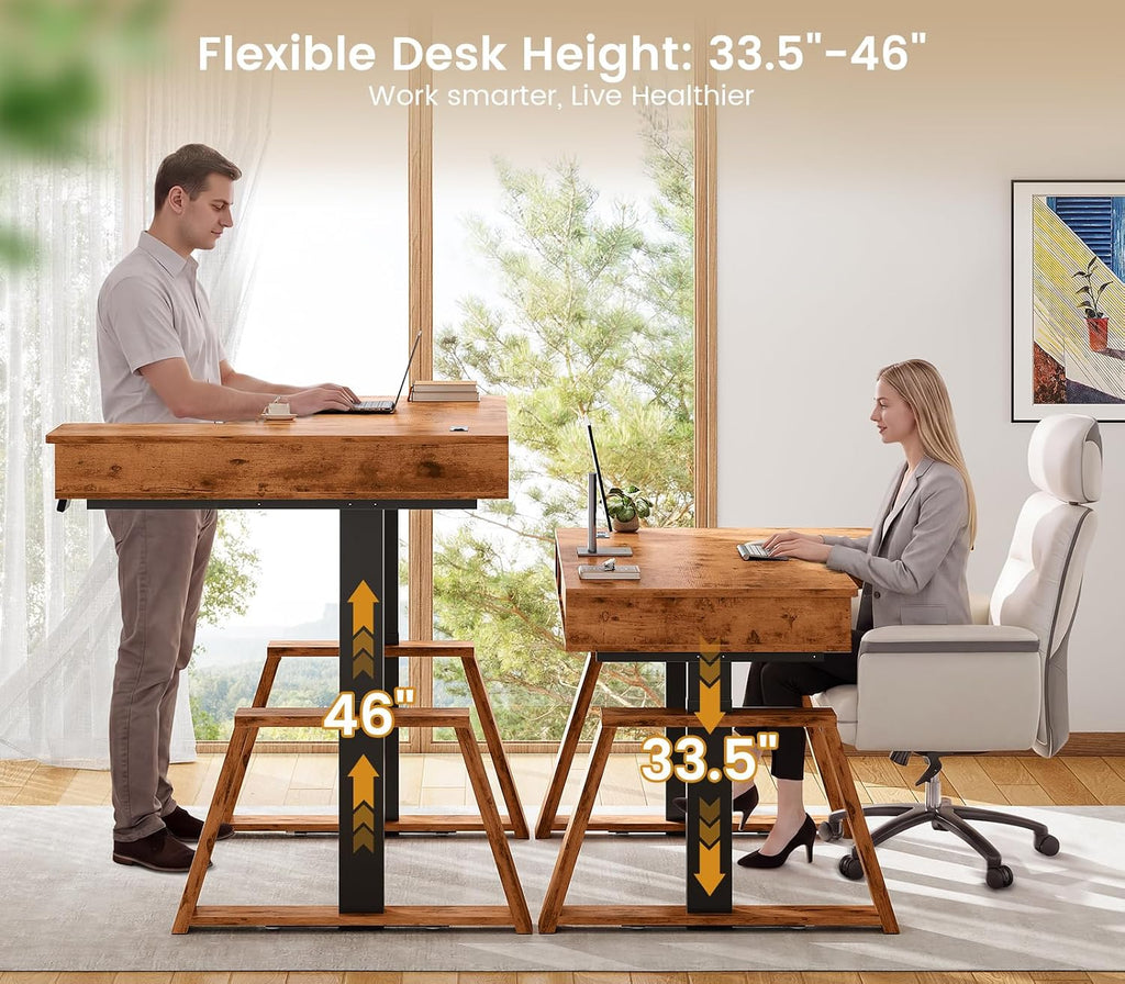 SEDETA 59 Inch L Shaped Electric Standing Desk with Drawers, Executive Adjustable Desk with Power Outlets, Sit Stand Computer Table for Home Office, Rustic Brown
