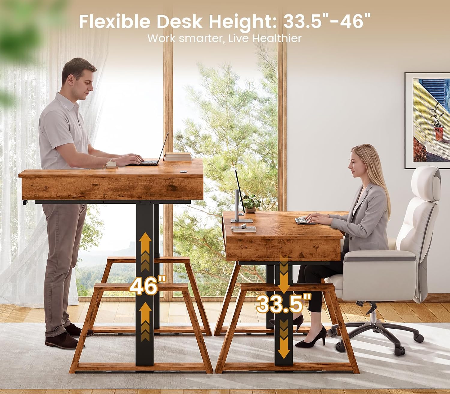 SEDETA 59 Inch L Shaped Electric Standing Desk with Drawers, Executive Adjustable Desk with Power Outlets, Sit Stand Computer Table for Home Office, Rustic Brown