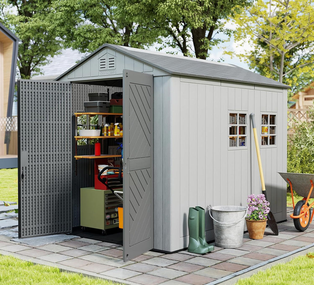 ZZM Outdoor Storage Shed 6x9 Ft, All-Weather Resistant Resin Garden Sheds & Outdoor Storage Clearance with Floor and Windows, Double-Layer Plastic Tool Shed for Backyard, Patio & Lawn (Gray)