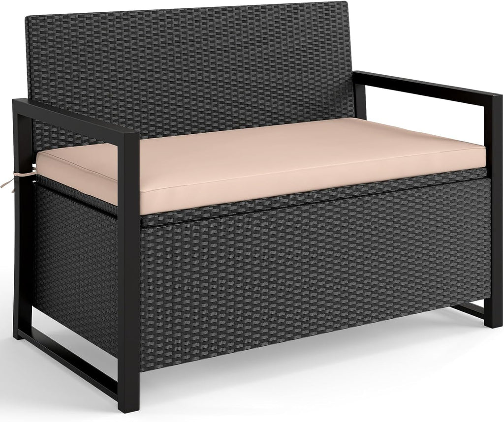 Tangkula 40 Gallon Outdoor Bench with Storage, Patio Wicker Storage Bench with Cushion, Cover, Metal Frame, Deck Box Seat for Backyard, Poolside, Balcony, Garden