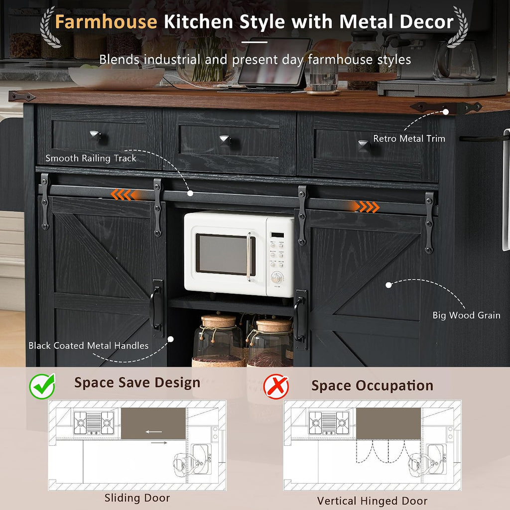 53.7' Farmhouse Kitchen Island with Power Outlet, 2 Sliding Barn Door Kitchen Storage Island with Drop Leaf, Spice Rack Rolling Kitchen Cart on Wheels, for Home, Kitchen and Dining Room, Black