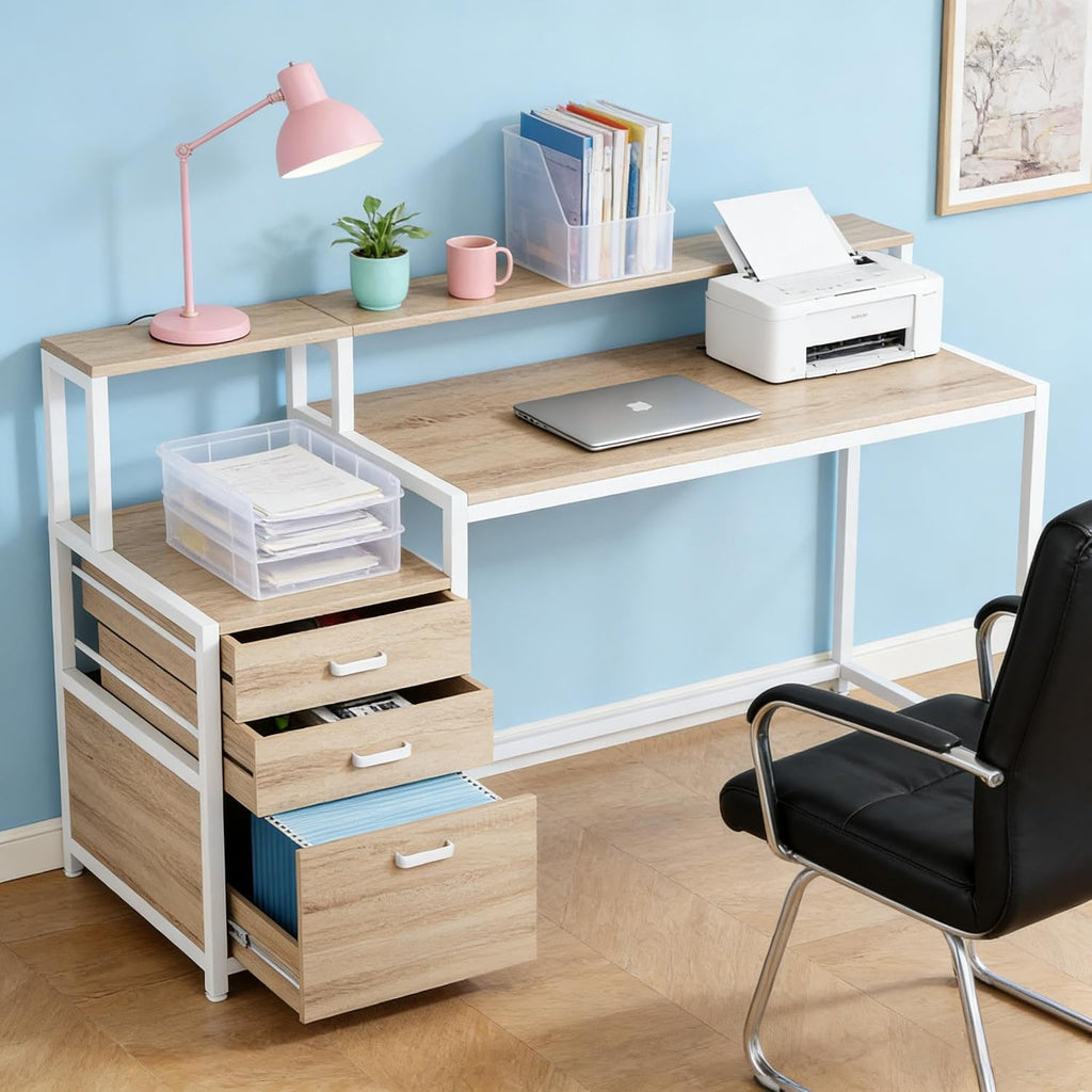 Writing Desk Computer Desk with Drawers and Monitor Riser Office Desk with File Cabinet Elevated Monitor Stand Two-Tier 63in Spacious Workstation Natural White