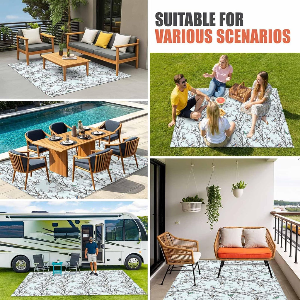 Natural Trees Branches Outdoor Rug for Patio/Deck/Porch, Non-Slip Large Area Rug 5 x 7 Ft, Colored Birds Vintage Rustic Blue Indoor Outdoor Rugs Washable Area Rugs, Camping Rug Carpet Runner