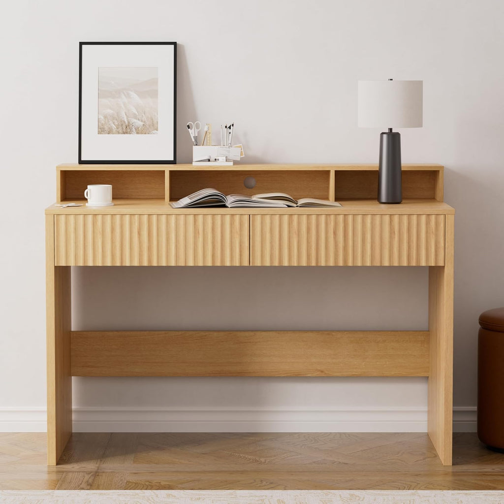 47' Executive Desk with Fluted Drawer, Modern Home Office Desk with Long Monitor Stand and 2 Drawers, Computer Writing Desk for Study Office Vanity, Nautral Oak