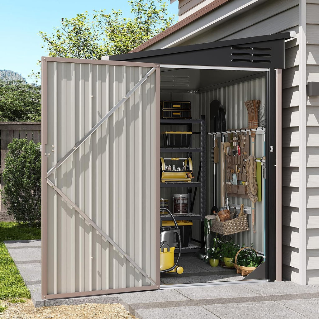 6'x4' Lean to Shed Galvanized Steel Storage Sheds with Side Door Waterproof Utility Shed with Sloped Roof for Mower, Bike, Garden Tools (Brown)
