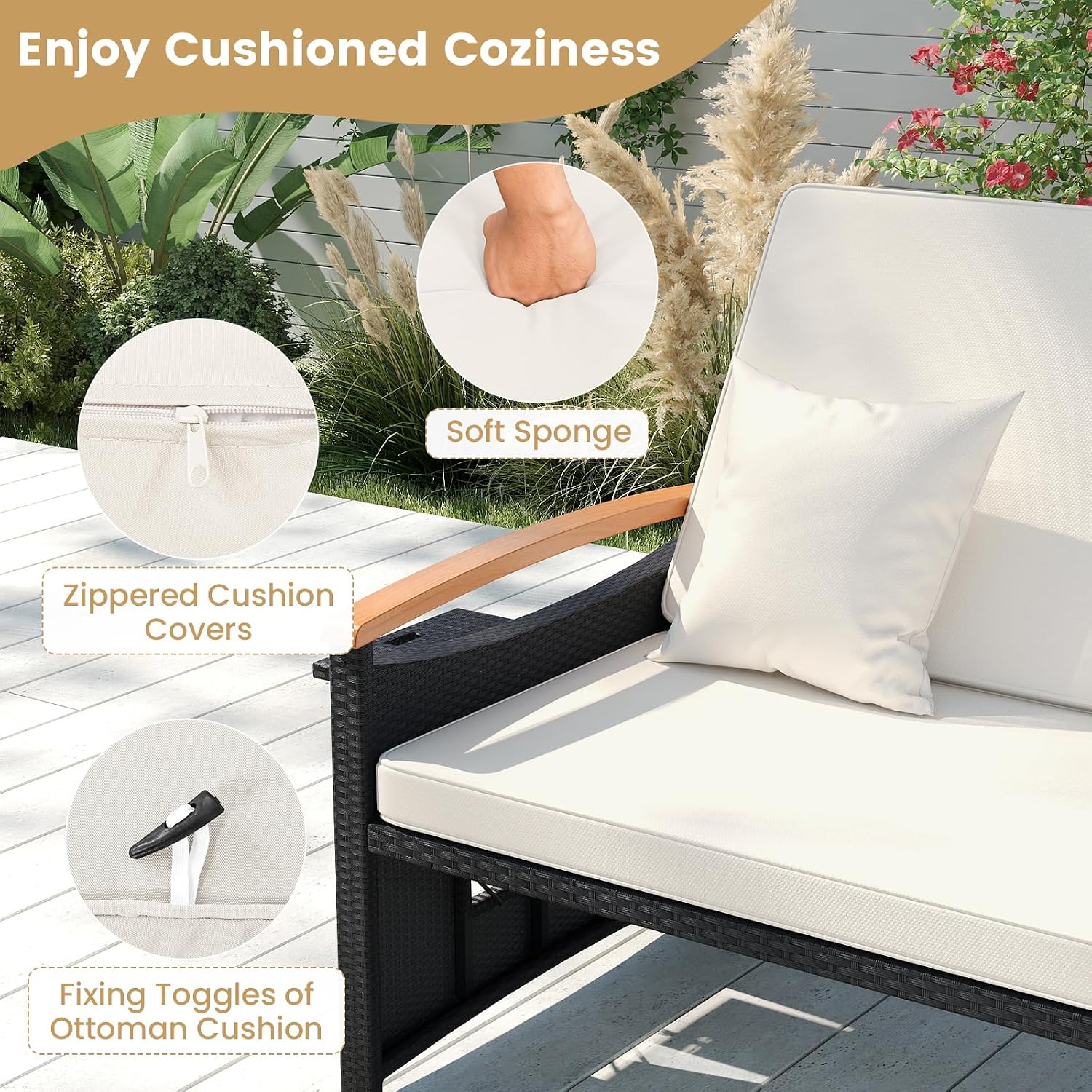 Tangkula Patio Rattan Daybed with 4-Level Adjustable Backrest, Outdoor Wicker Loveseat with Acacia Wood Armrest, Storage Ottoman & Folding Tray, Double Sunbed for Yard & Poolside (White & Black)