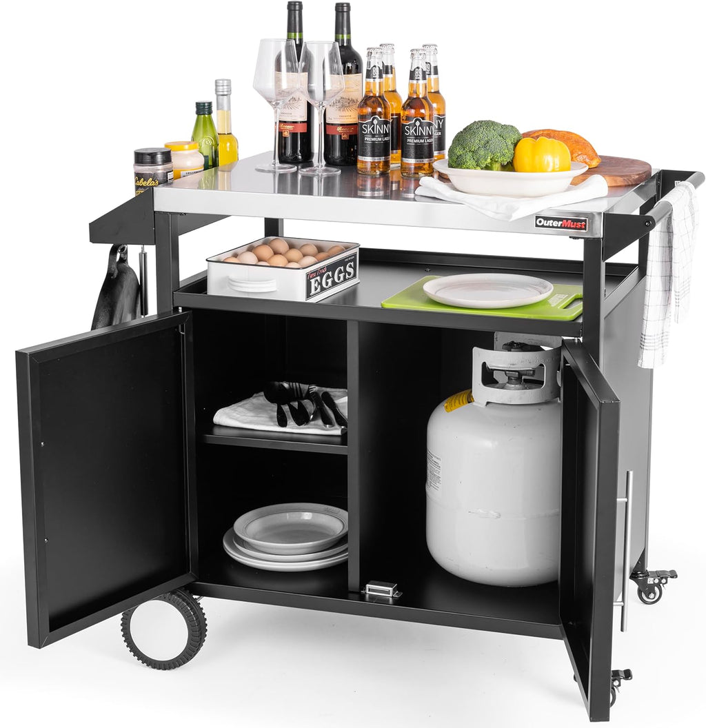 OuterMust Grill Table Outdoor Kitchen Cabinet, Moveable Outdoor Prep Table & Bar for Storage, Grilling and Pizza Oven, Multifunctional Silver & Black