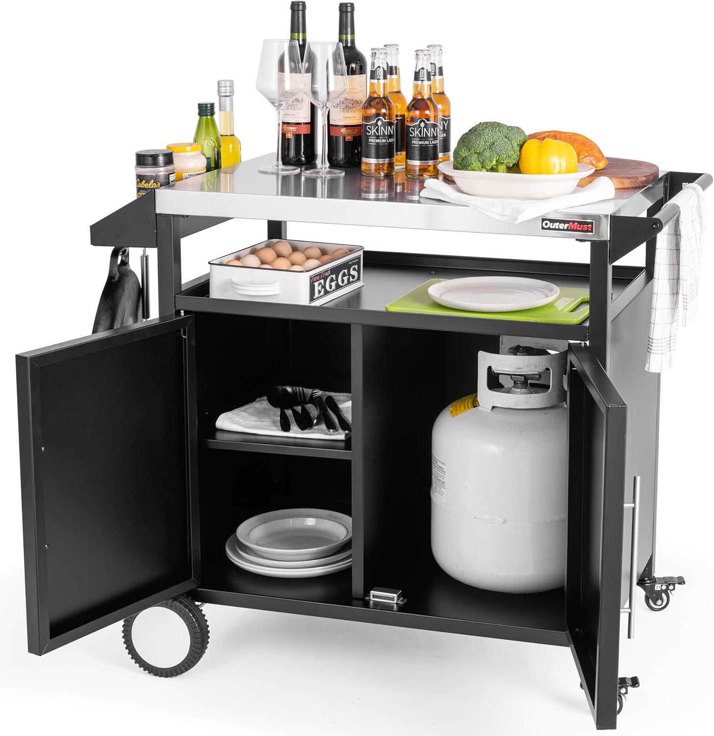 OuterMust Grill Table Outdoor Kitchen Cabinet, Moveable Outdoor Prep Table & Bar for Storage, Grilling and Pizza Oven, Multifunctional Silver & Black